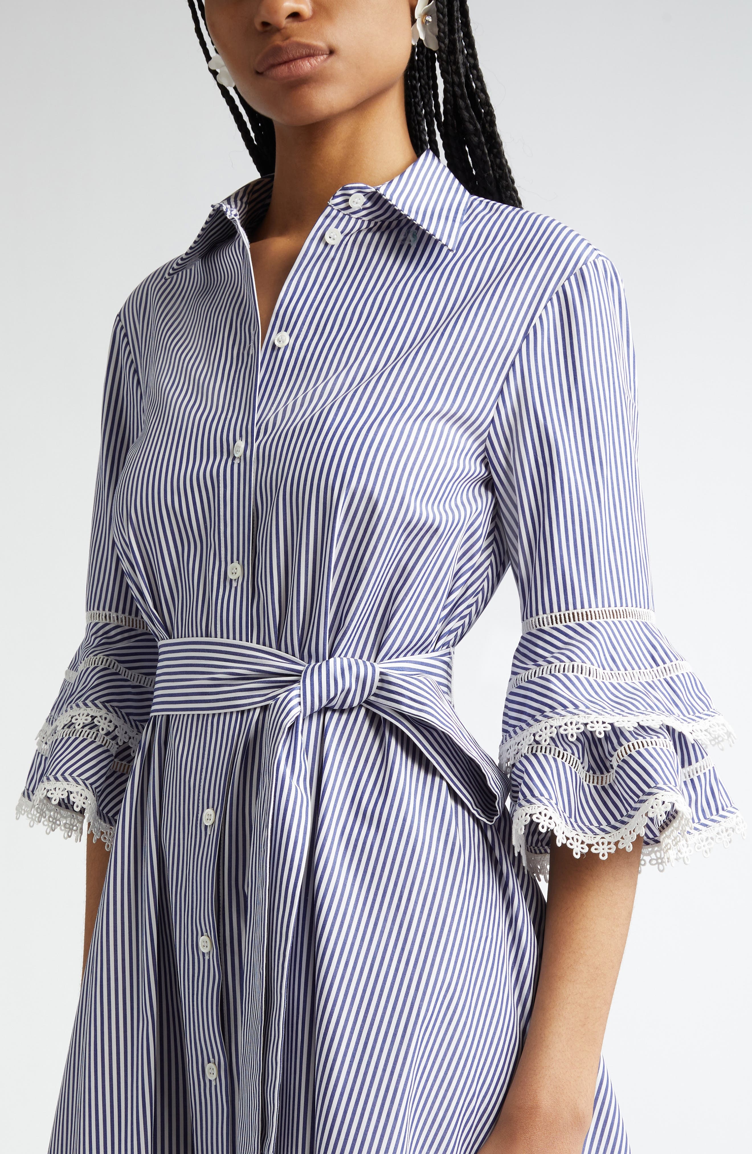 Carolina Herrera Stripe Tiered Ruffle Sleeve Belted Poplin Shirtdress in White/Blue at Nordstrom - 4