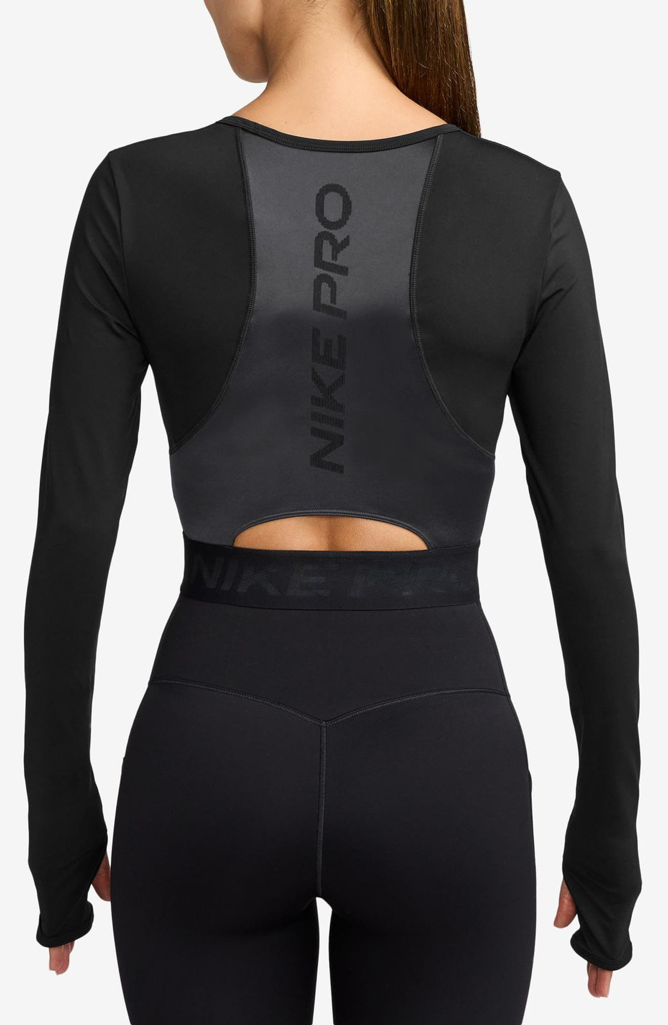 Nike Pro Dri-FIT Long Sleeve Crop T-Shirt in Black/Anthracite/White at Nordstrom - 2