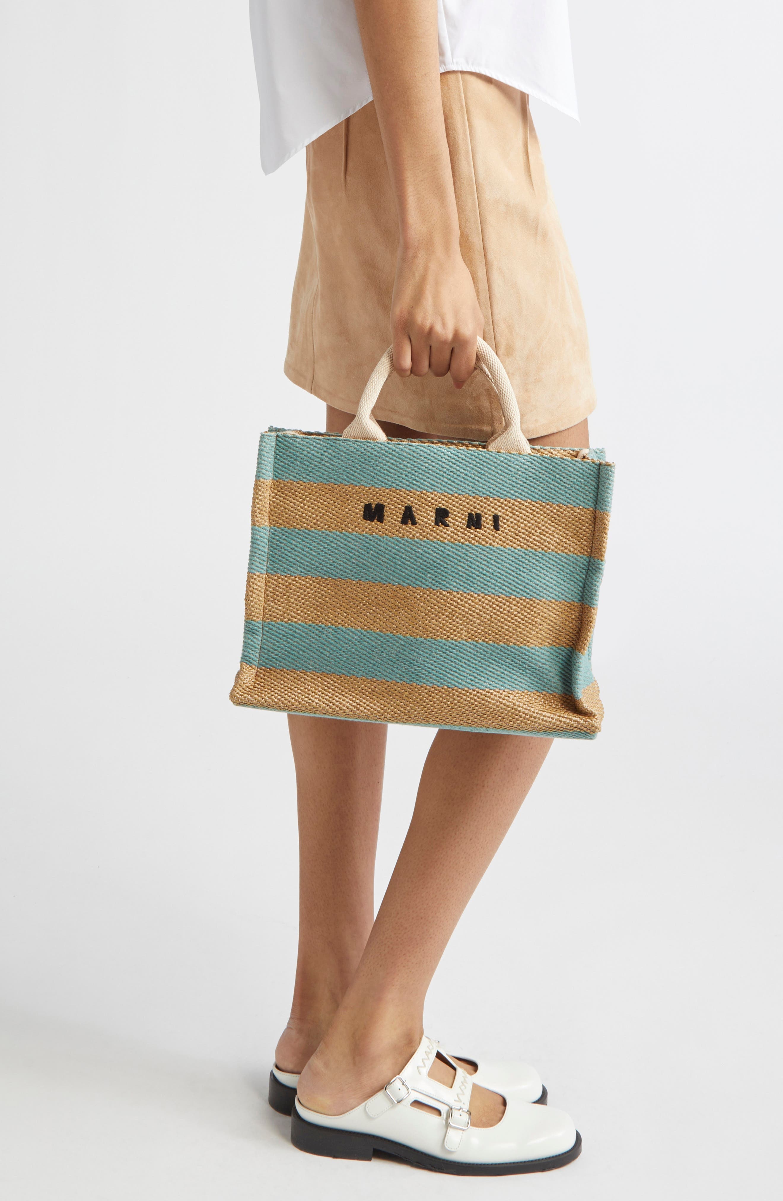 Marni Small Logo Stripe Woven Tote in Teal/Blue at Nordstrom - 3