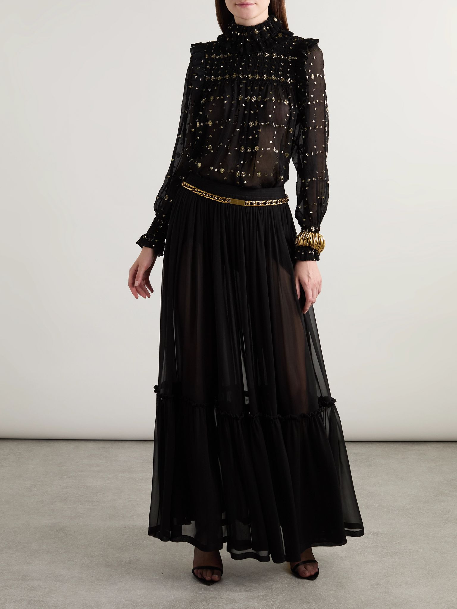 Ruffled shirred metallic silk-blend fil coupé crepon blouse Black - 2