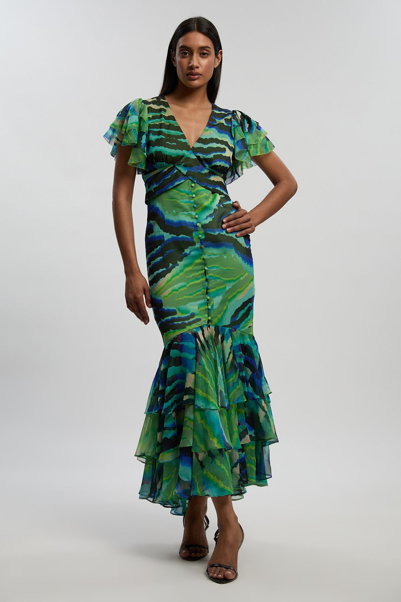 KAREN MILLEN Animal Ruffle Sleeve Button Through Maxi Dress outlook