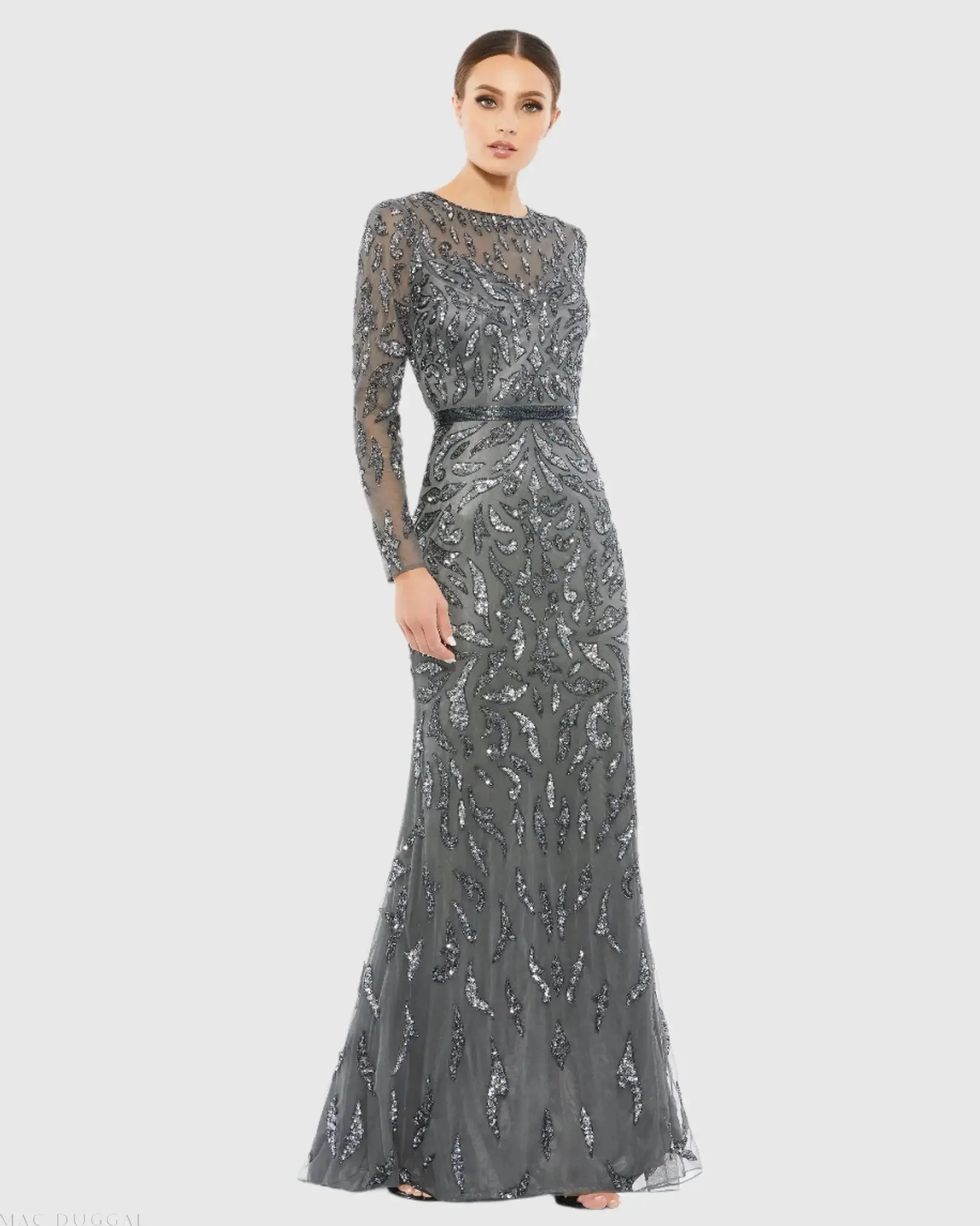 Dark Gray Long Sleeve Beaded Evening Gown - 1
