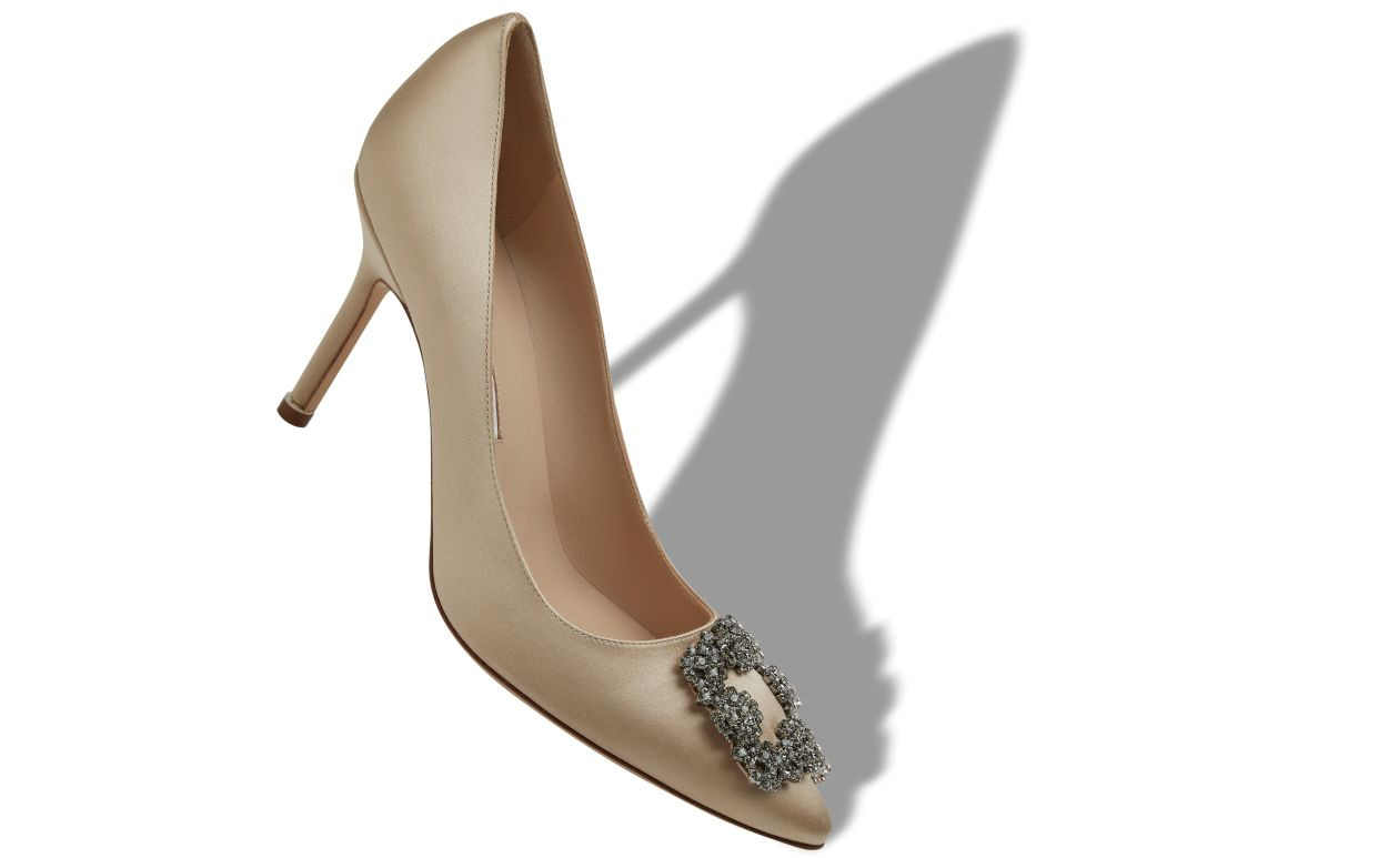 Light Beige Satin Jewel Buckle Pumps - 2