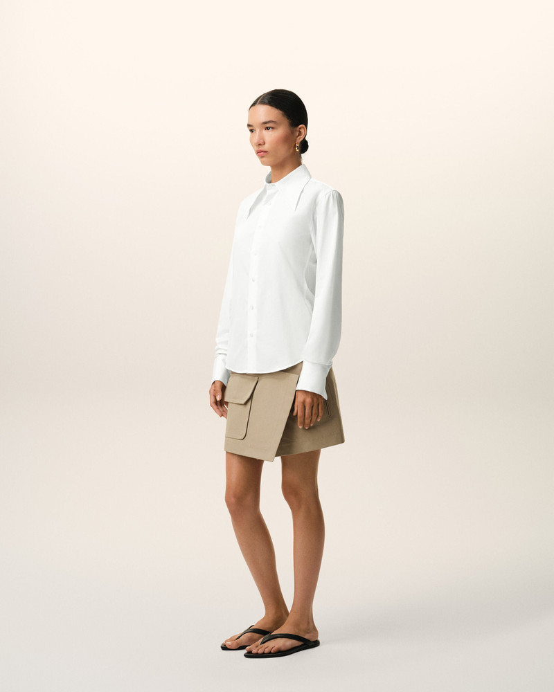 WHITE BLENDED SILK SHARP COLLAR ADJUSTED SHIRT 6