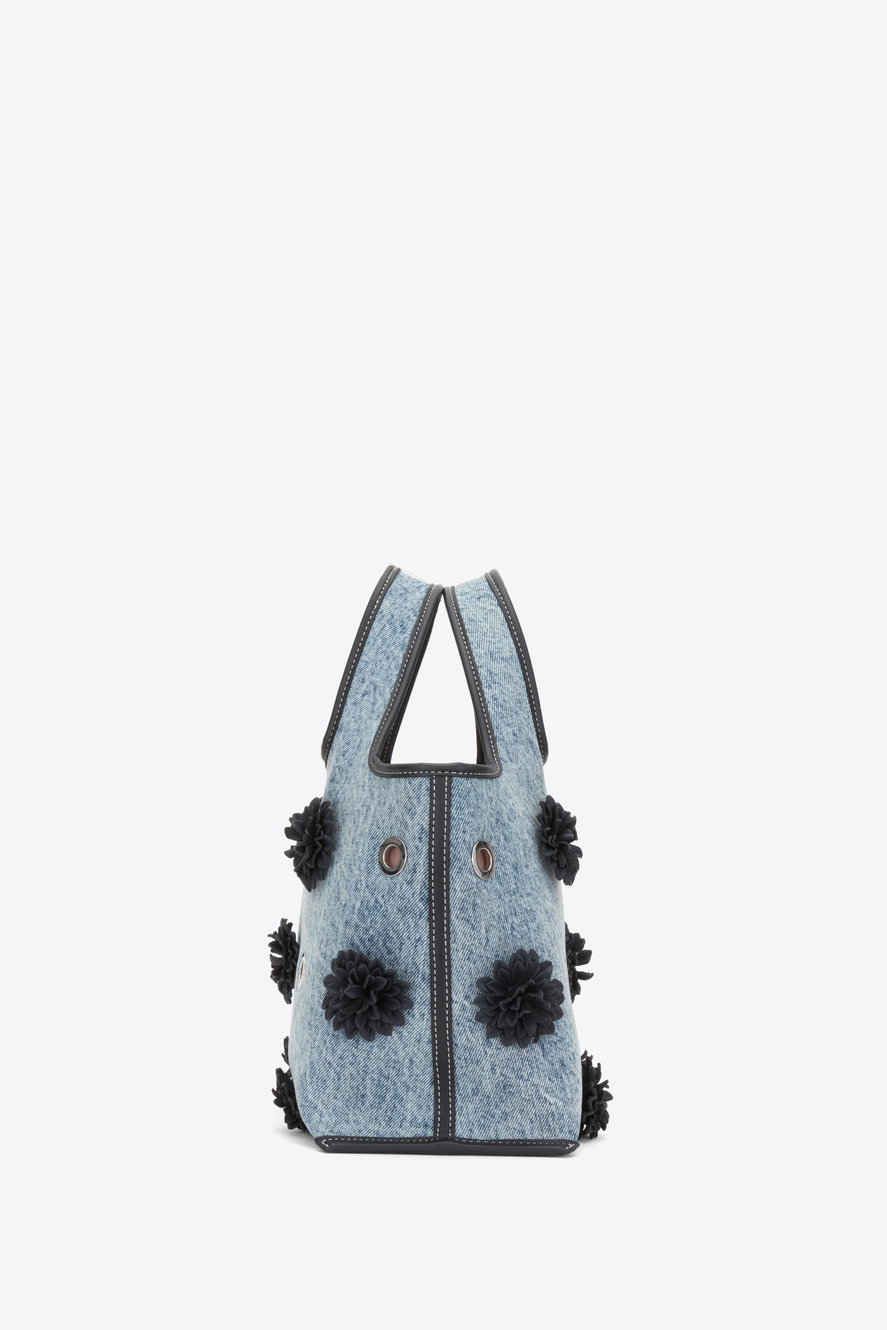 Denim Mini Market Tote with Leather Flowers - 2