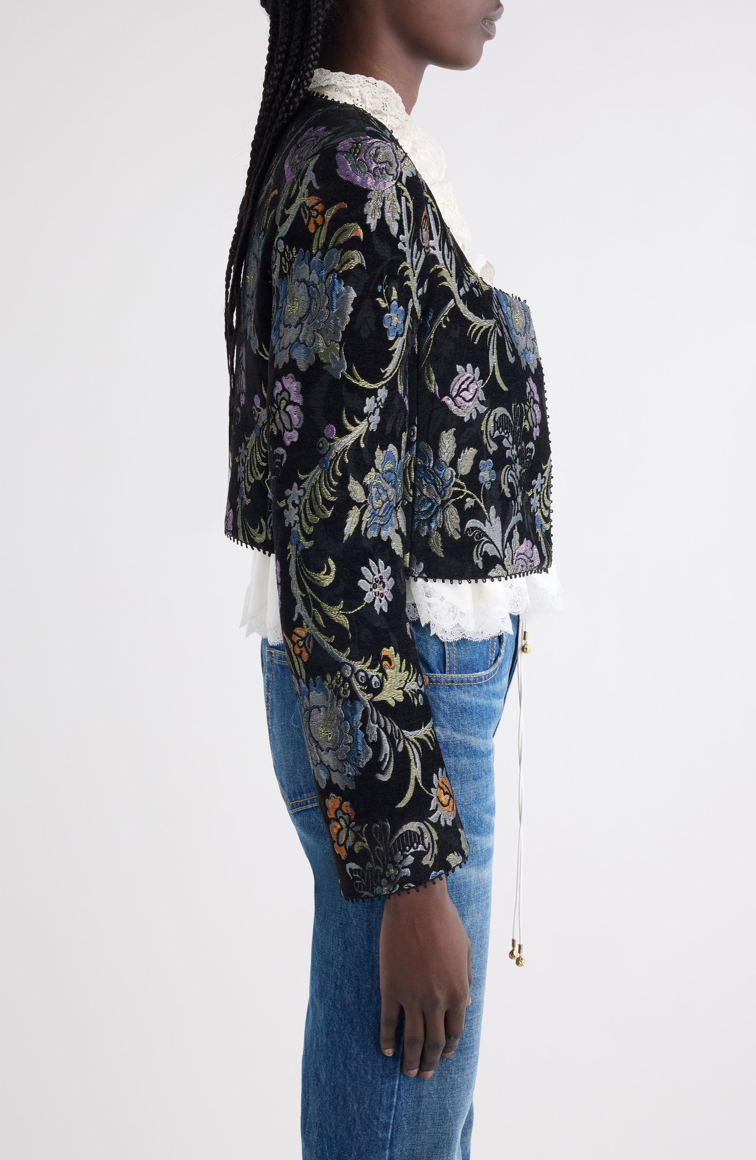 Chloé Floral Tapestry Jacquard Crop Jacket in Multicolor Black at Nordstrom - 4