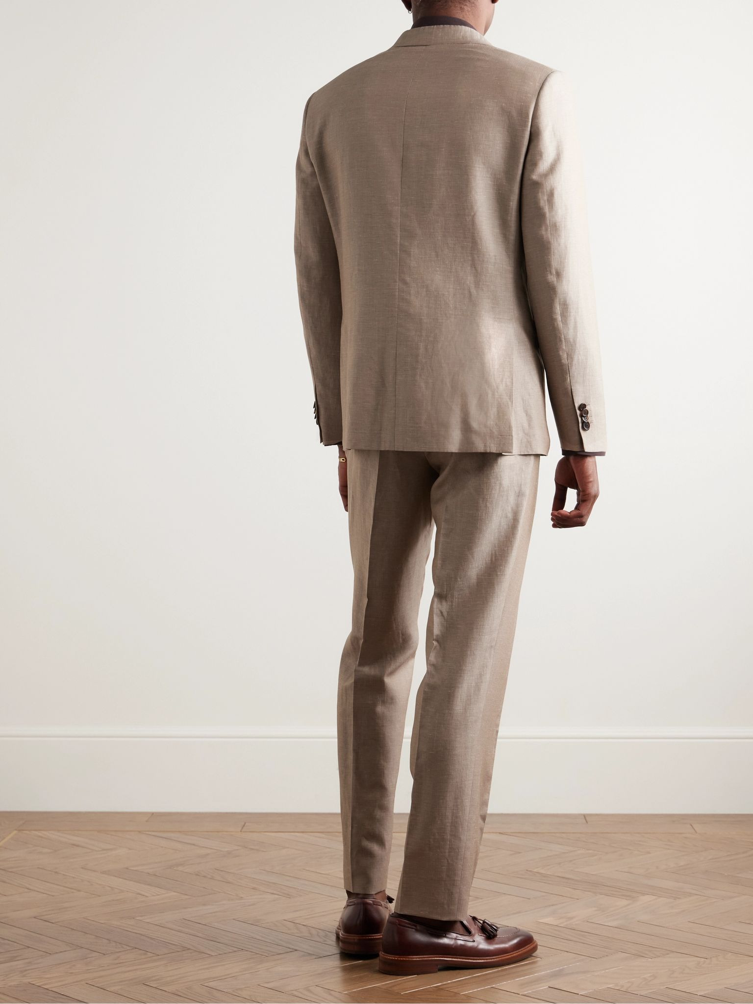 Slim-Fit Double-Breasted Wool, Linen and Silk-Blend Suit Neutral - 4