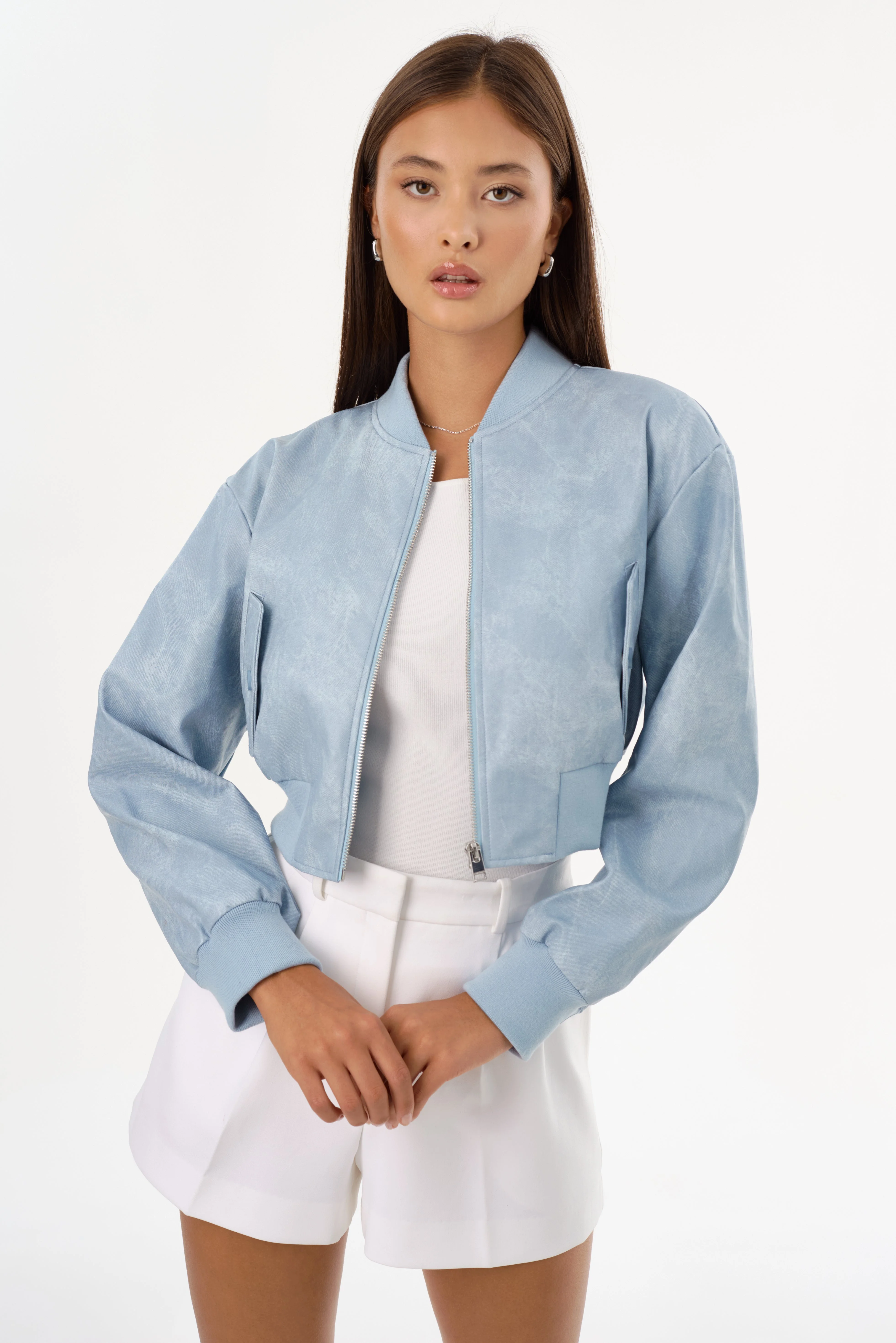 EVELIN D | Cropped Faux Leather Bomber Jacket - 1