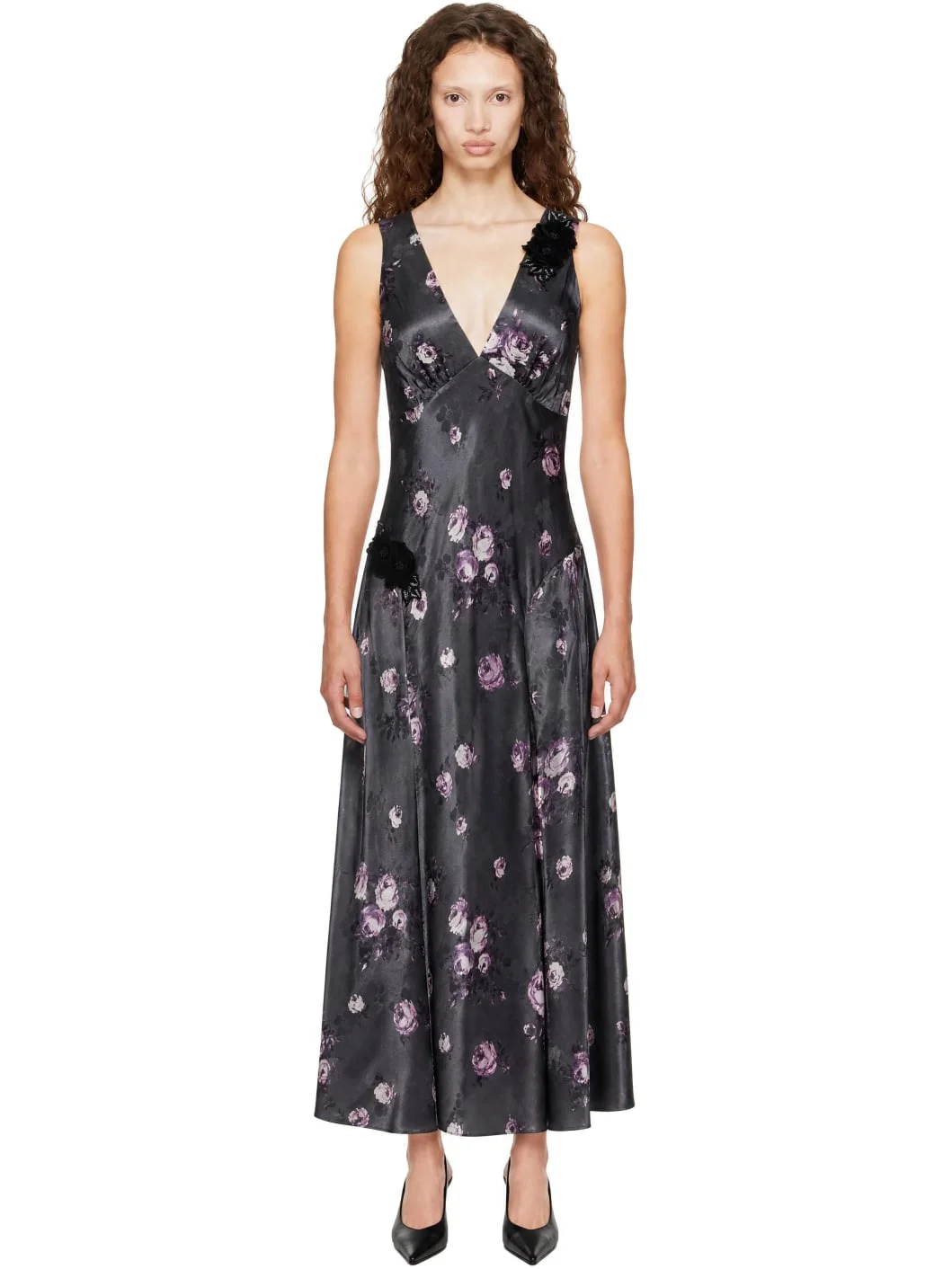 Gray Floral Appliqué Maxi Dress - 1