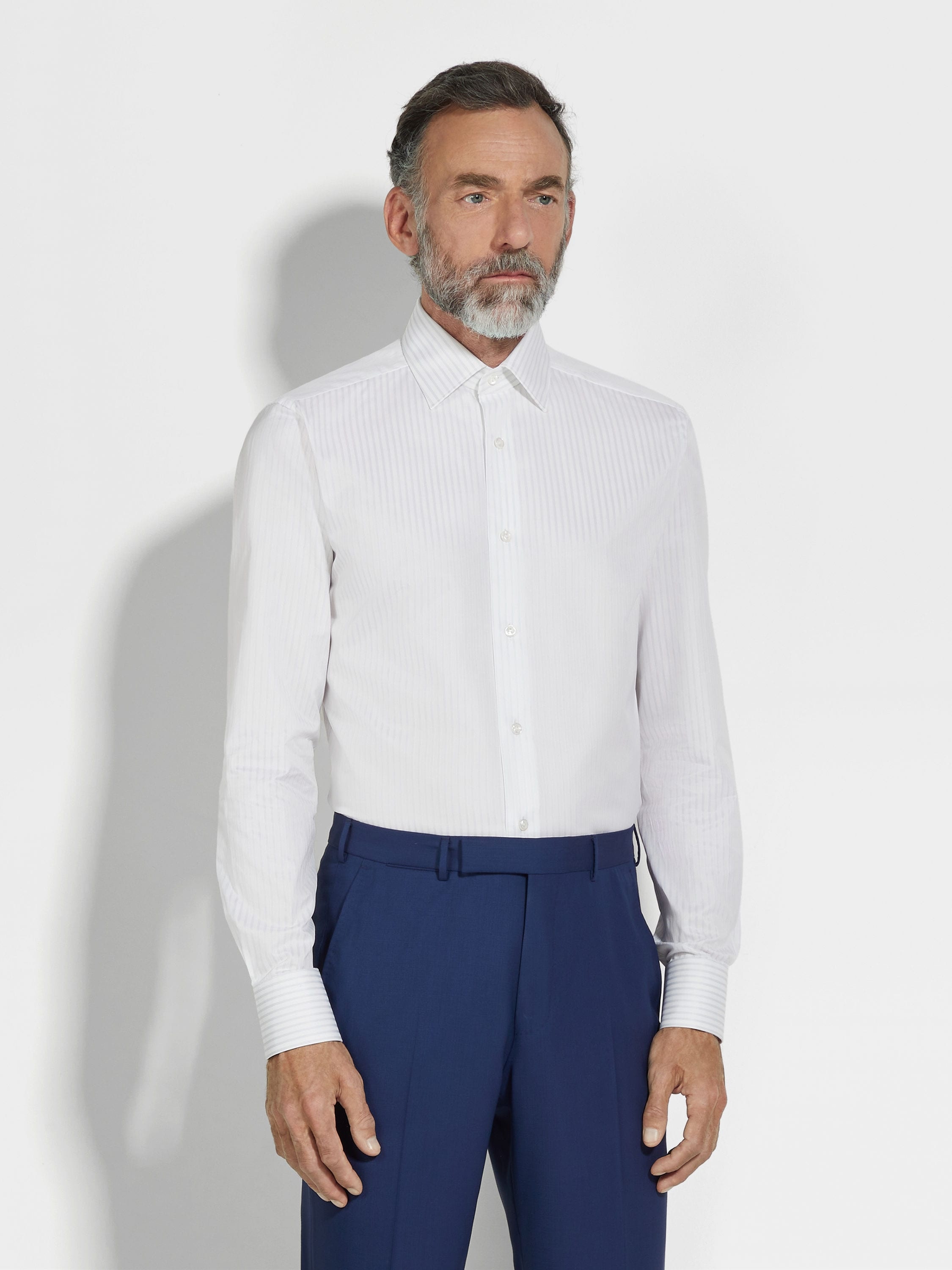 WHITE AND LIGHT BLUE STRUCTURED STRIPED CENTOVENTIMILA COTTON SHIRT - 3