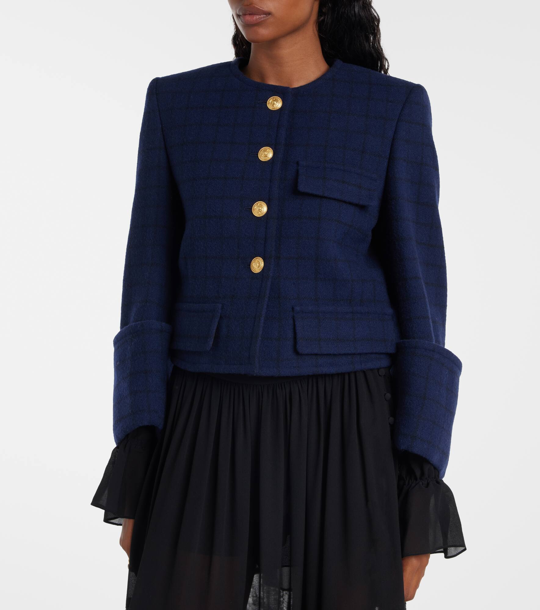 Checked cropped wool-blend jacket - 6