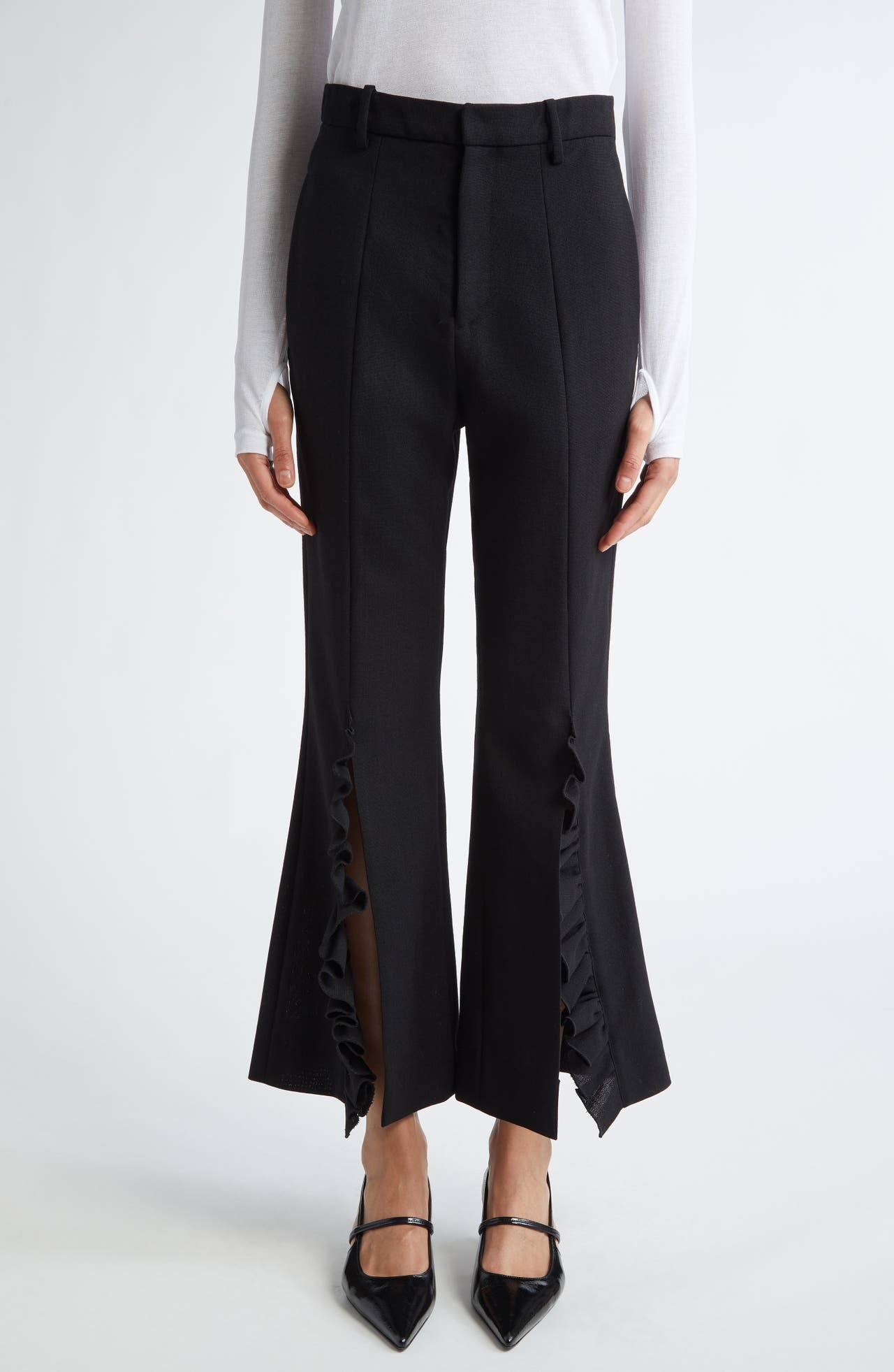 BITE Studios Credo Crop Ruffle Split Hem Wool Trousers in Black at Nordstrom - 1