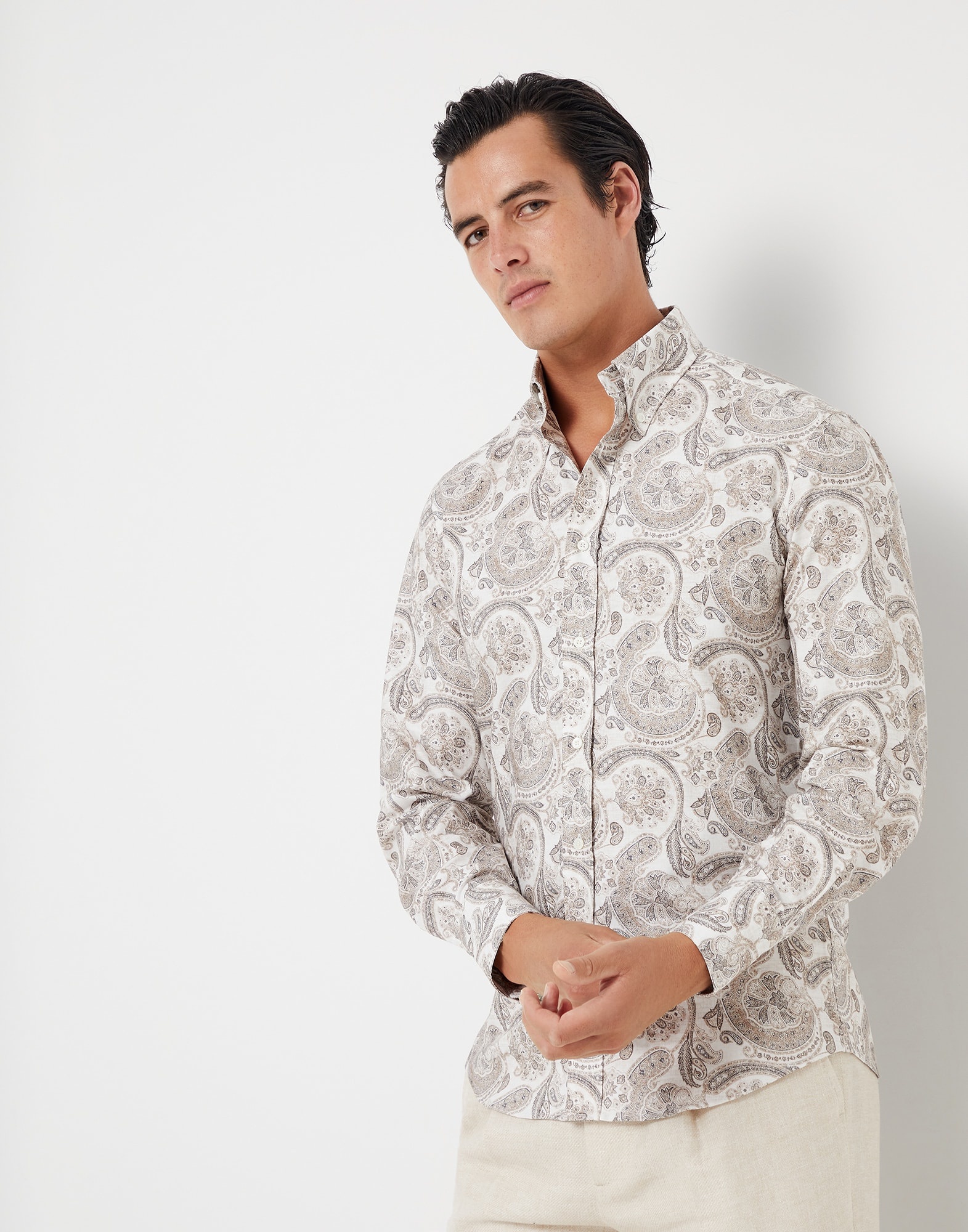 Paisley cotton slim fit shirt with button-down collar - 1