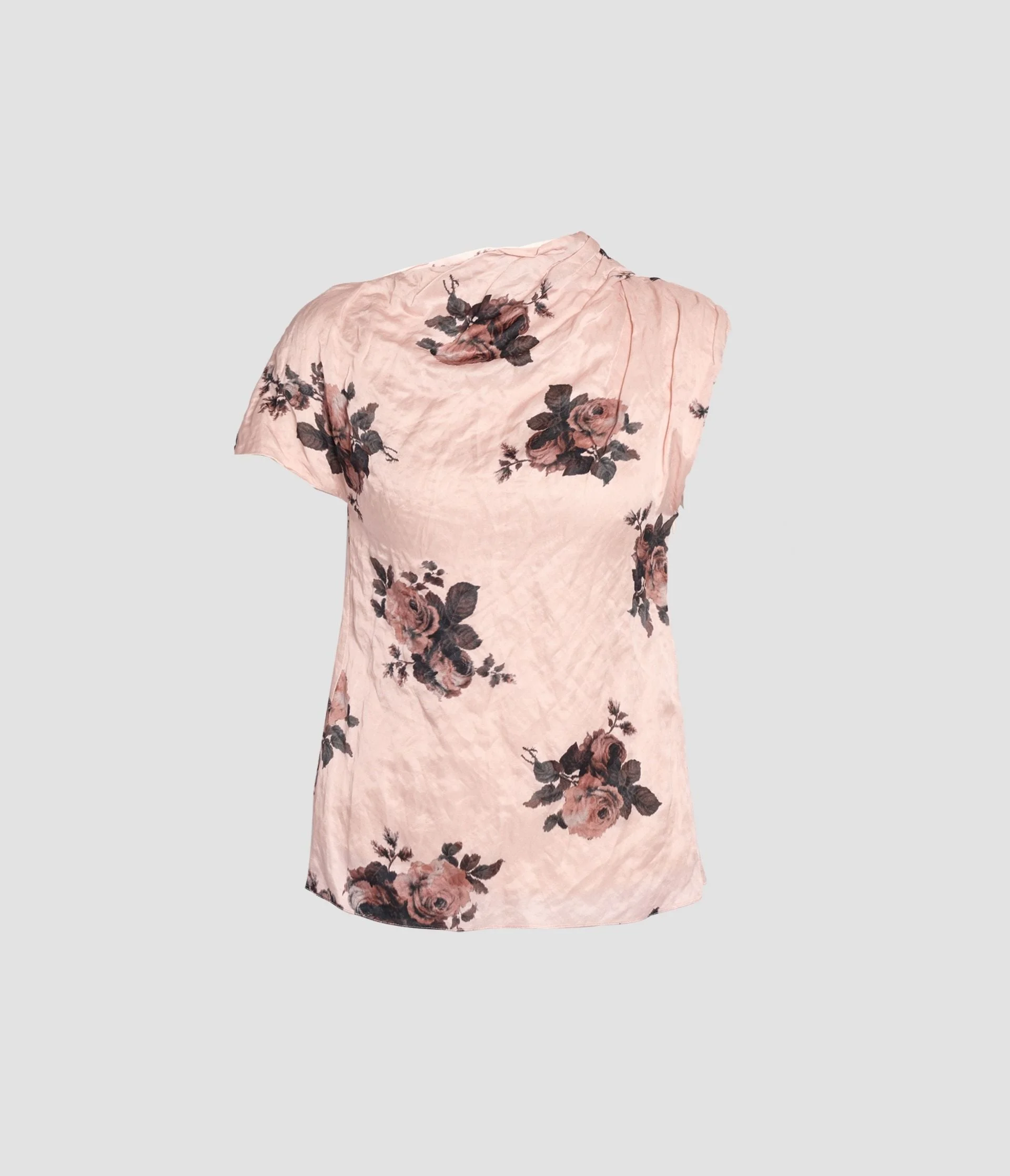 FLORAL CRUSHED SATIN SHORT SLEEVE DRAPED TOP - 1