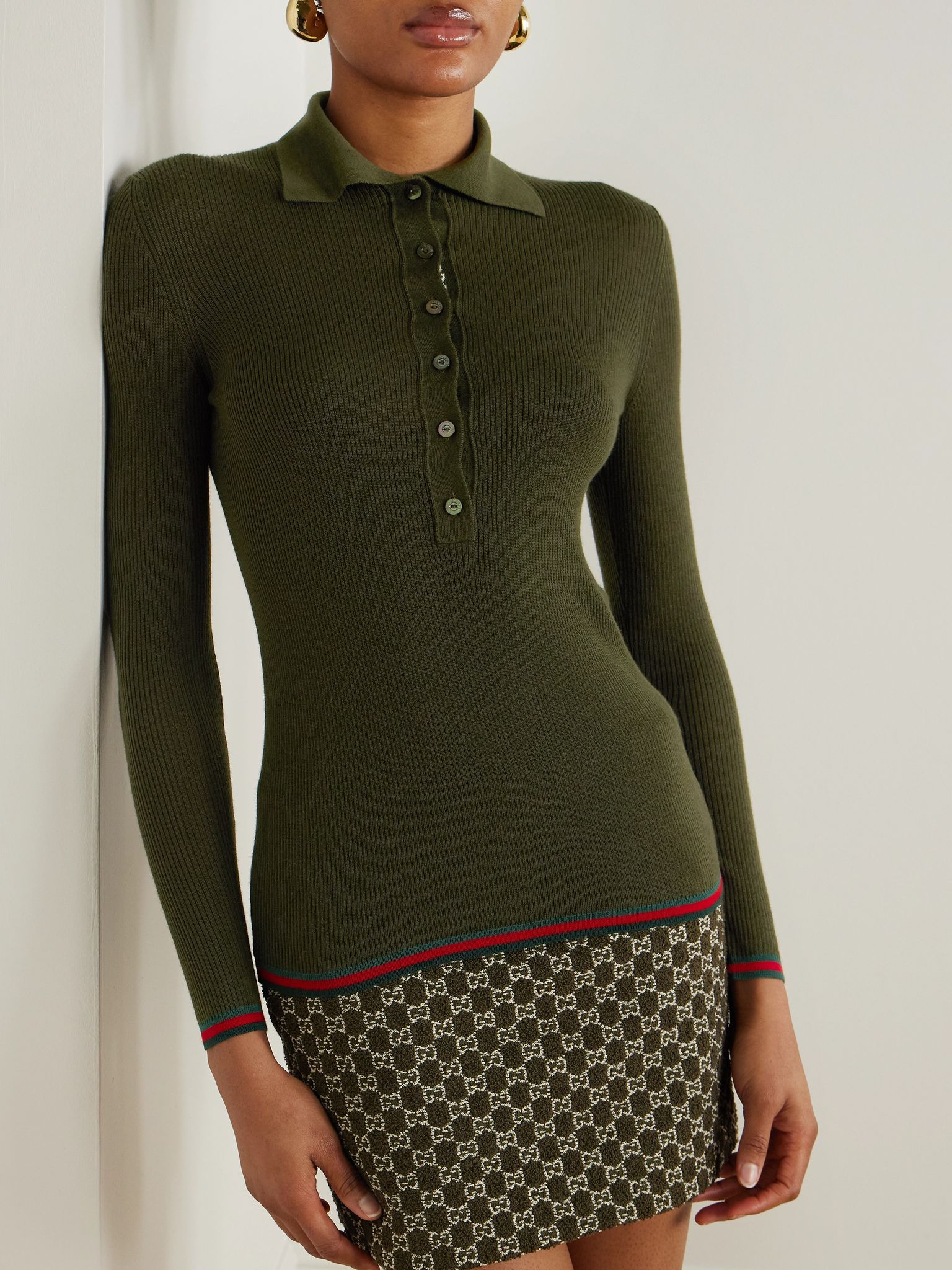 Striped ribbed cashmere and silk-blend polo shirt Army green - 3