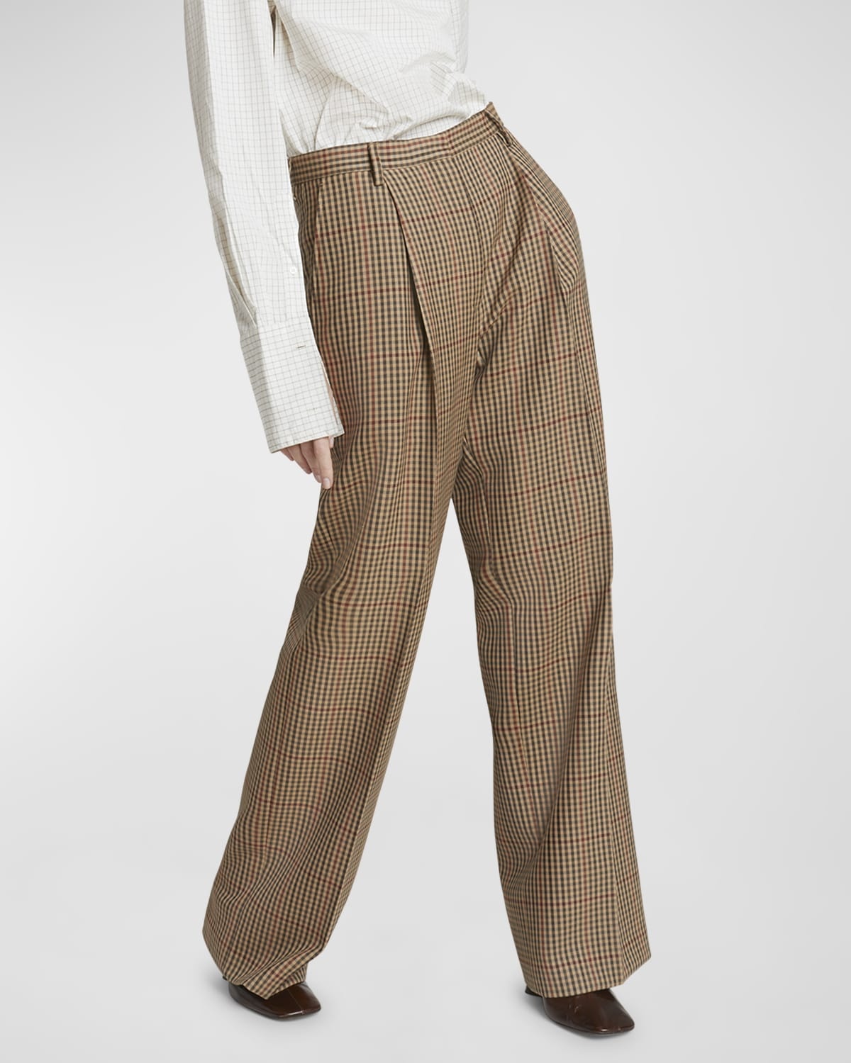 Porter Wool Check Pleated Wide-Leg Pants - 7