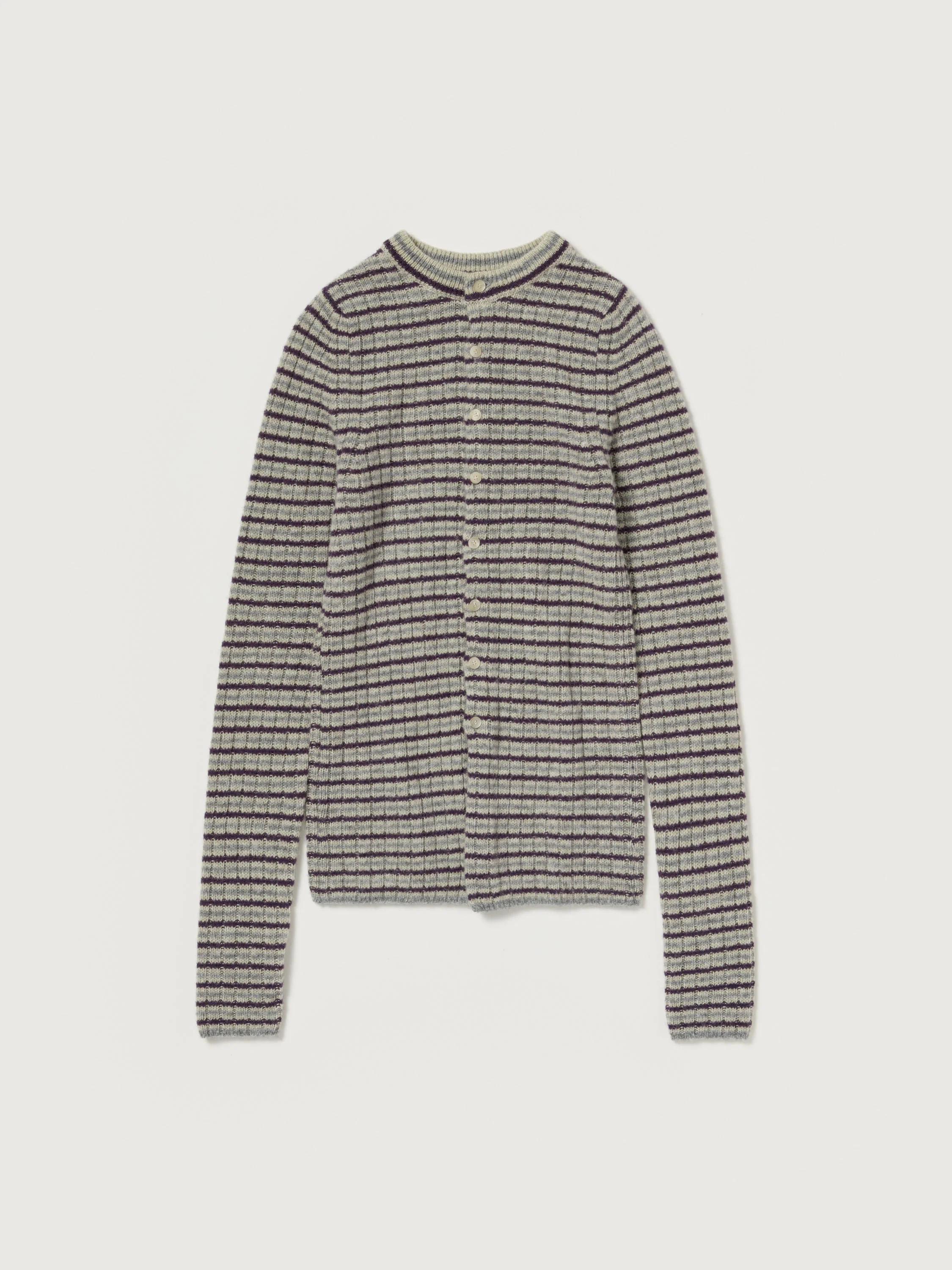 SHETLAND WOOL CASHMERE RIB KNIT CREW-NECK CARDIGAN - 1