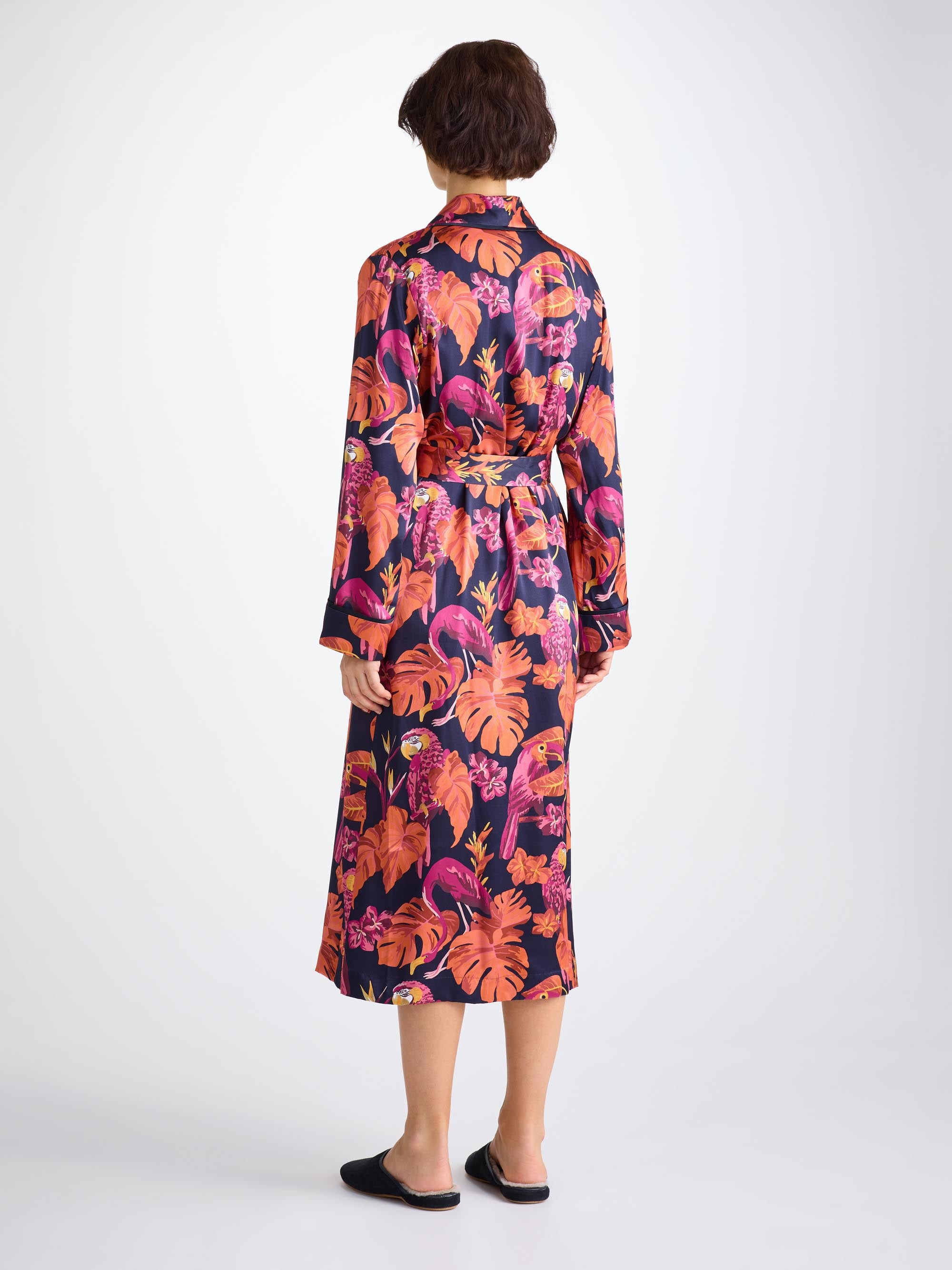 Women's Long Robe Silk Satin Navy Jungle Birds Pattern - 4