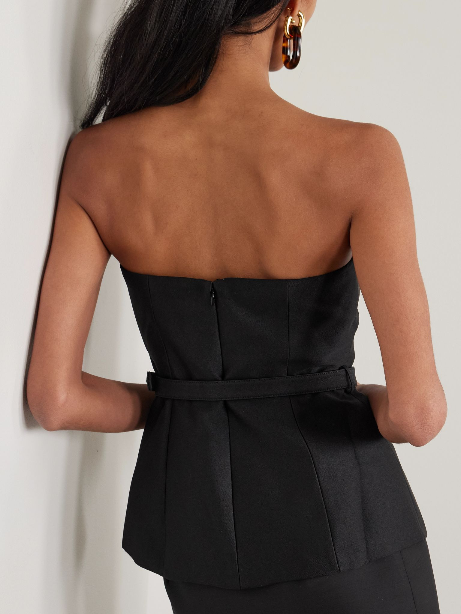 Strapless belted embellished satin-twill top Black - 3