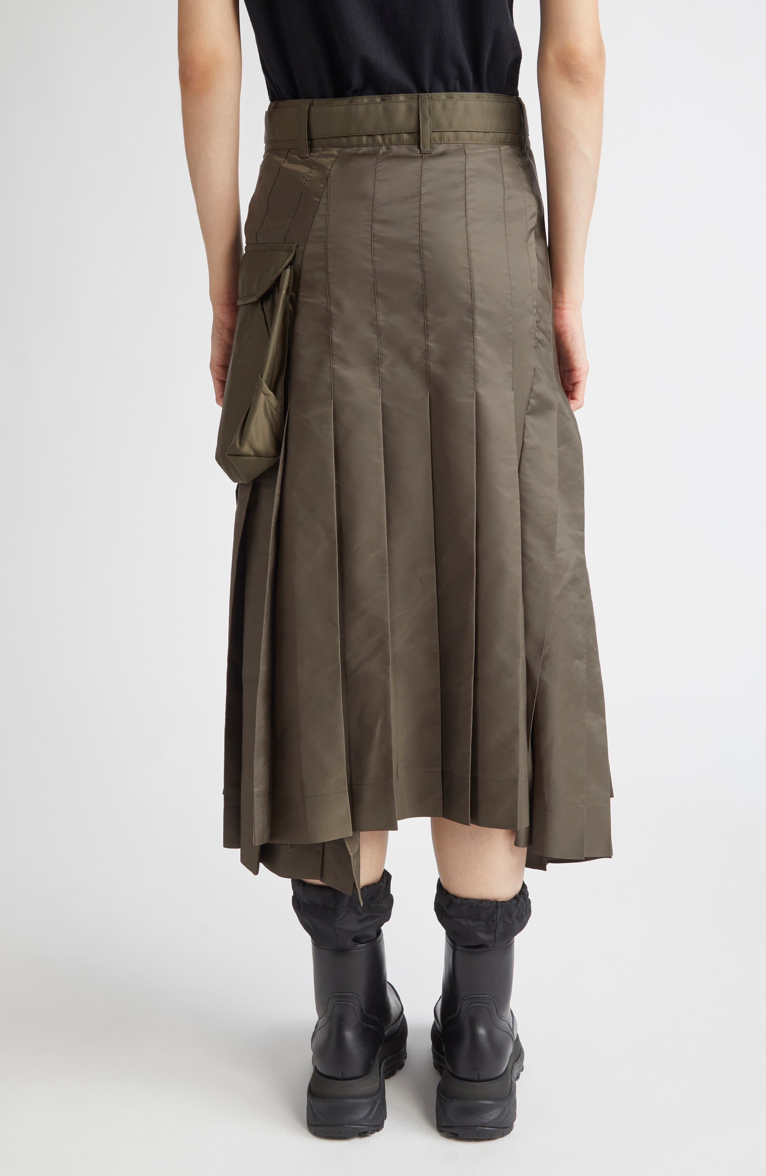 Sacai Belted Pleated Midi Skirt in Dark Khaki at Nordstrom - 3