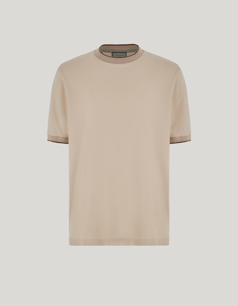 BEIGE COTTON AND CASHMERE POLO SHIRT WITH CONTRASTING PROFILES 1