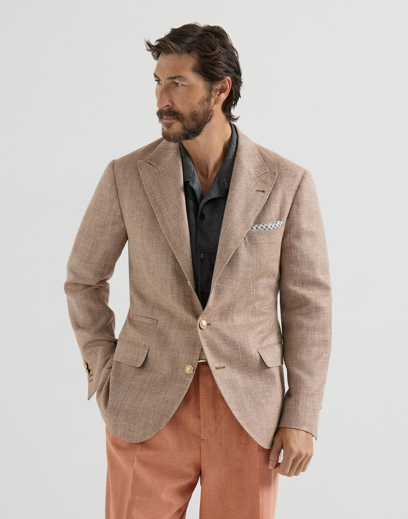 Virgin wool, silk and linen chevron deconstructed blazer with peak lapels and metal buttons 2