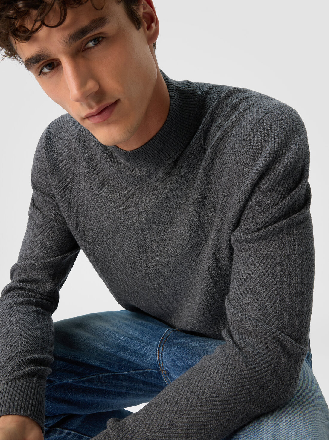 High-Neck Sweater with Tone-on-Tone Chevron Pattern - 4