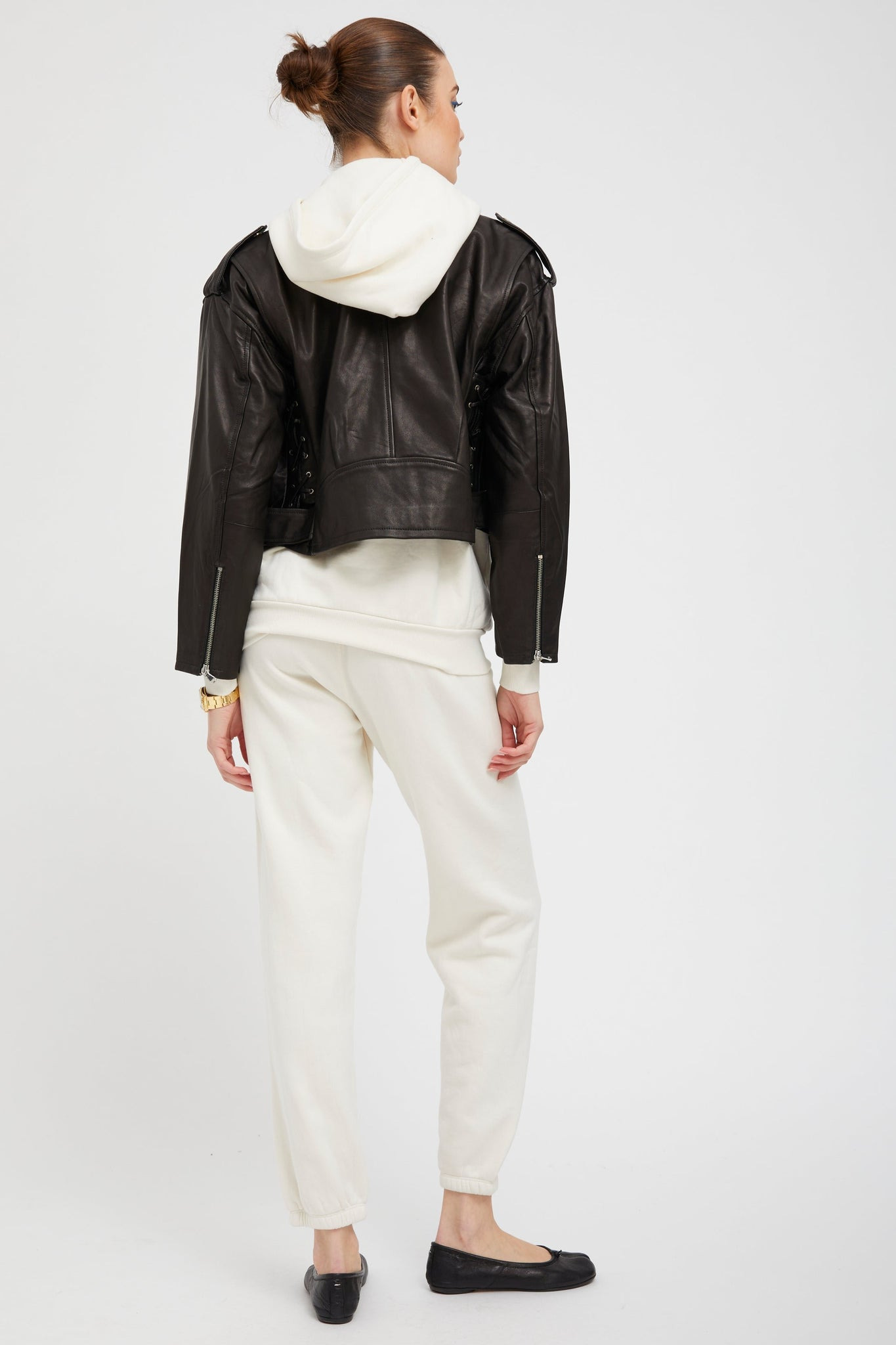 BLACK LEATHER EYELET LACE-UP MOTO JACKET - 3