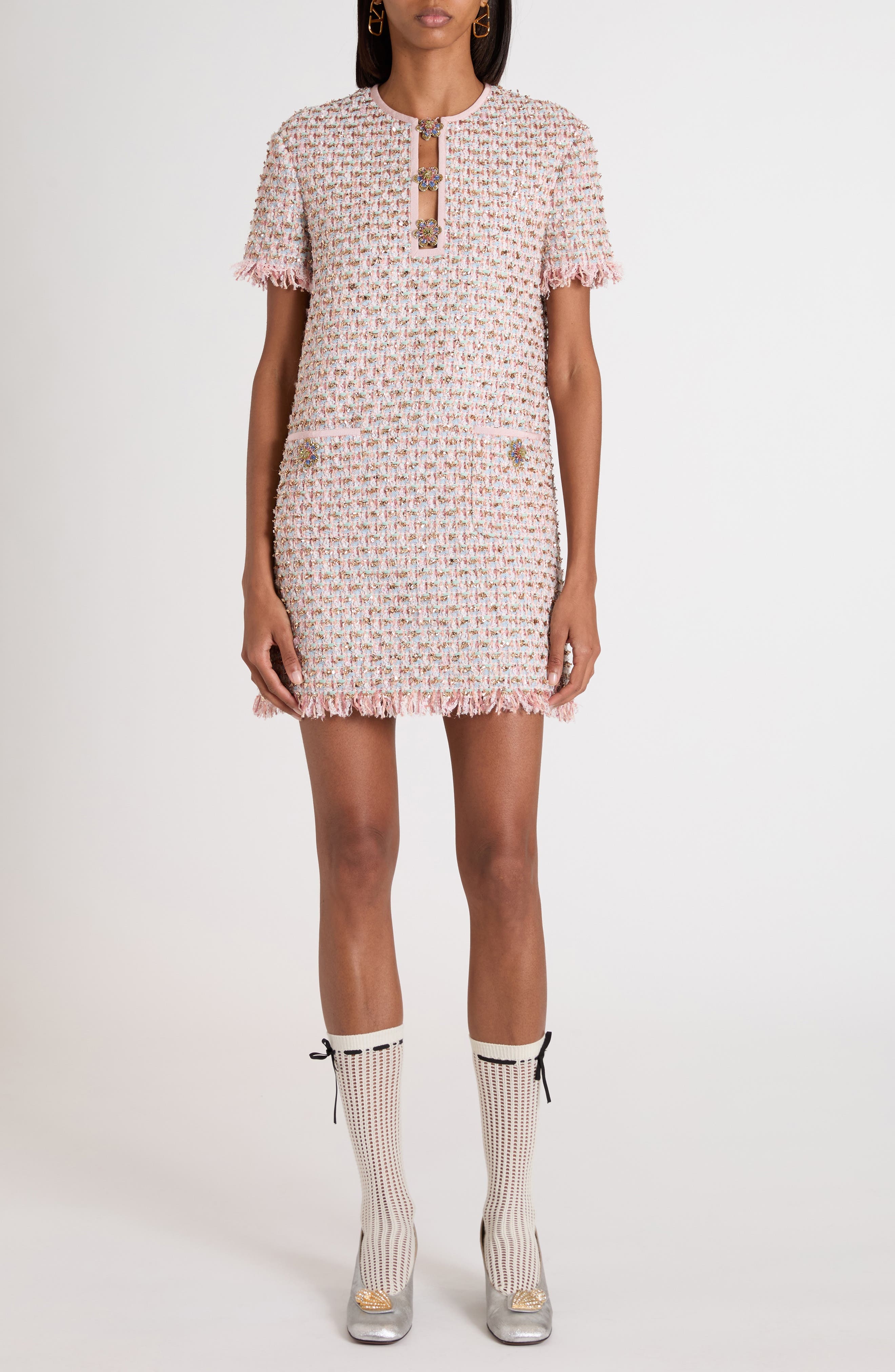Valentino Garavani Embroidered Ribbon Tweed Shift Dress in Pink Multi at Nordstrom - 1