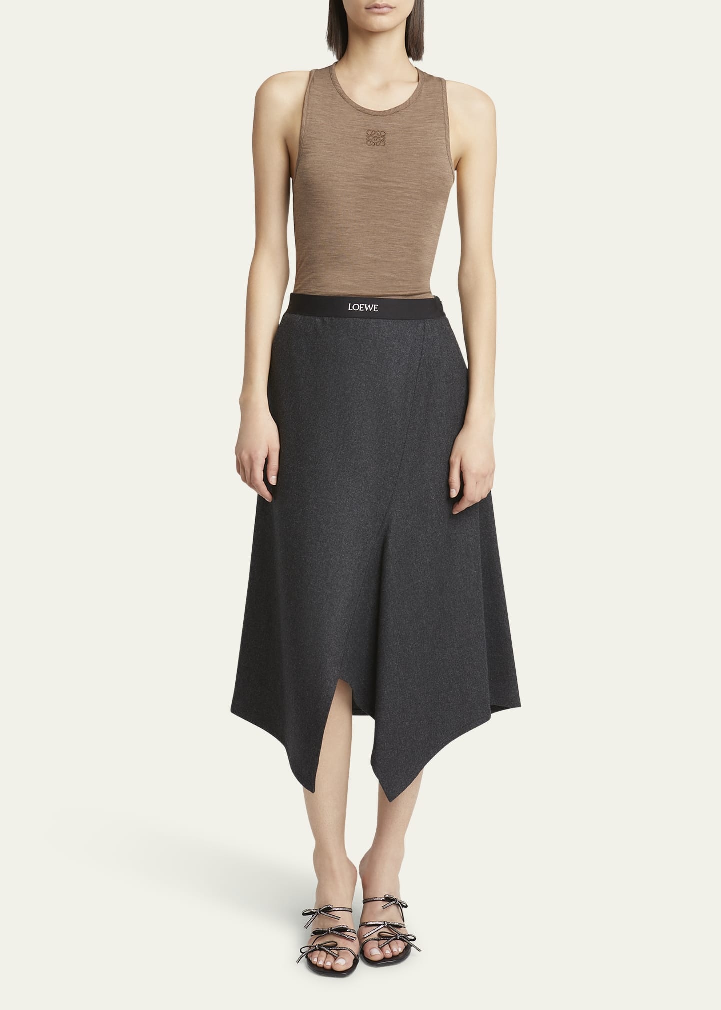 Logo Band Asymmetric Wool Cashmere Midi Skirt - 2
