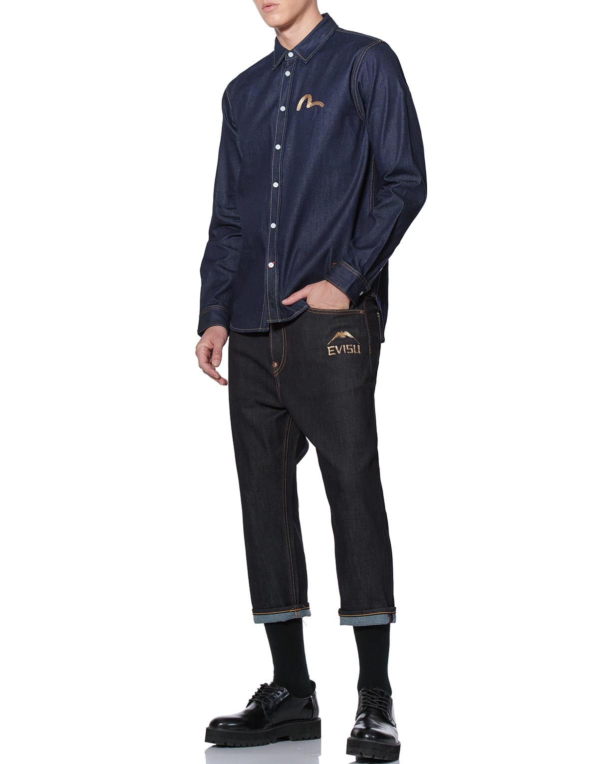 DISCHARGE TAKA CALLIGRAPHY DENIM SHIRT - 6