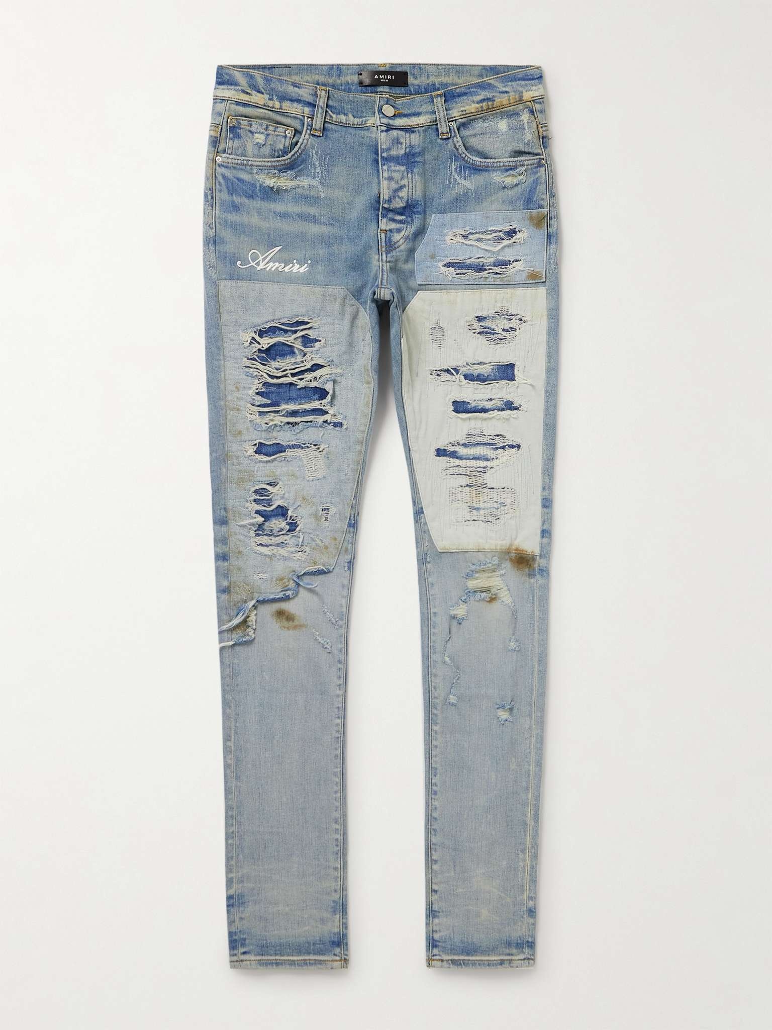 Skinny-Fit Logo-Embroidered Distressed Patchwork Jeans - 1