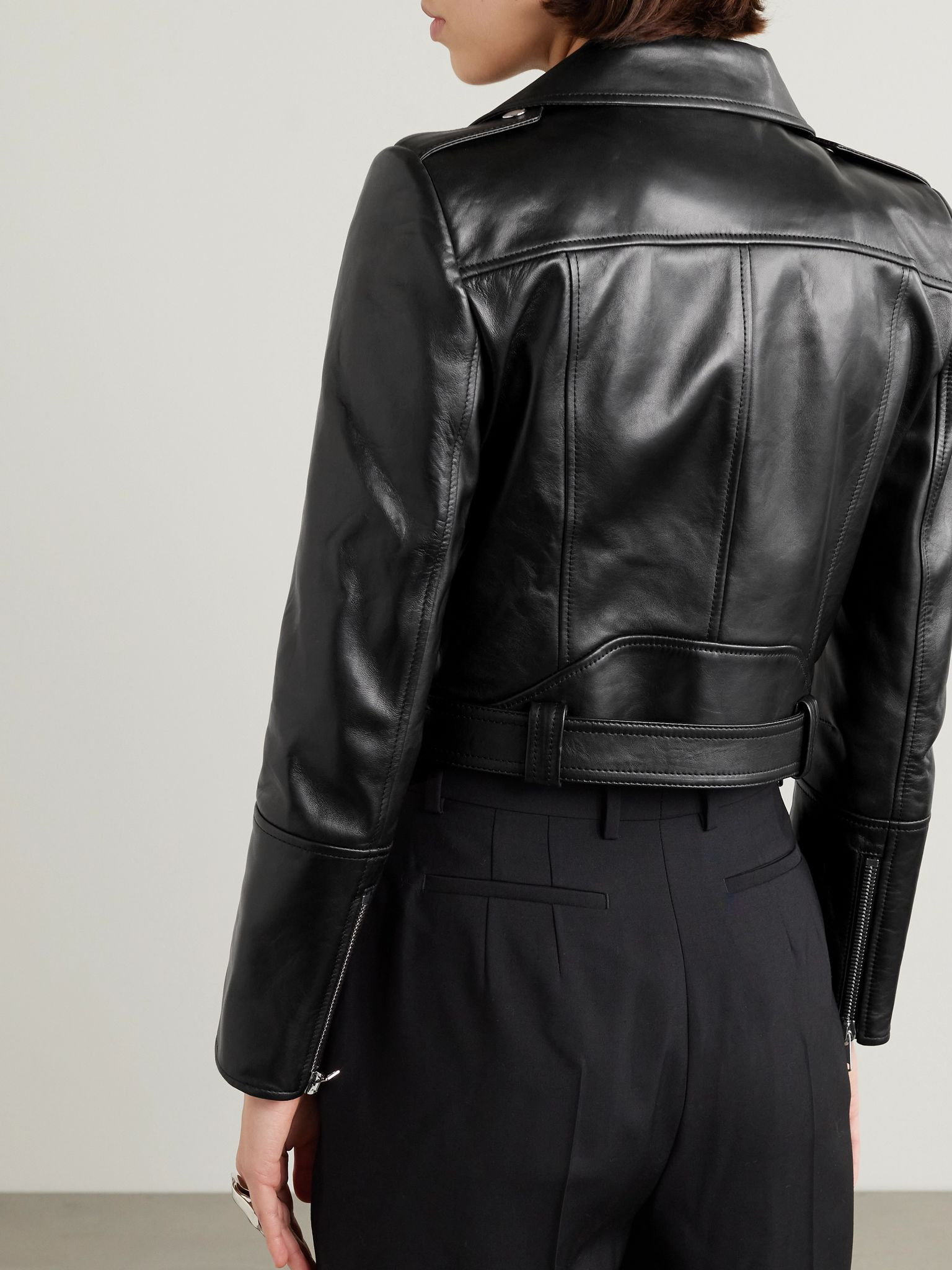 Cropped belted leather biker jacket Black - 3