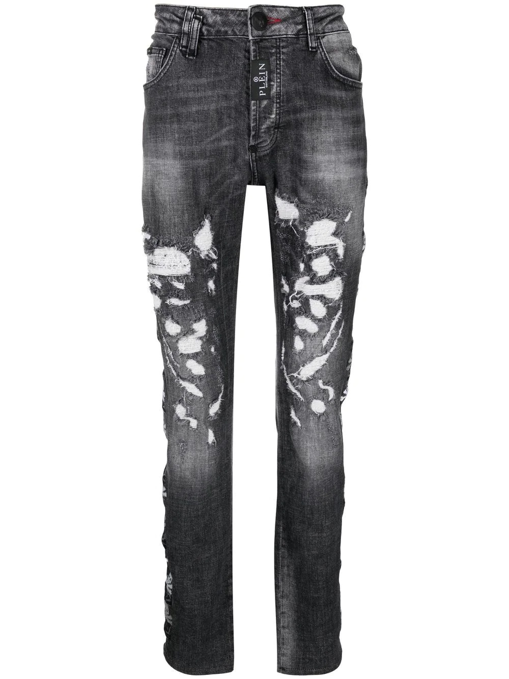 distressed skull-embroidered skinny jeans - 1