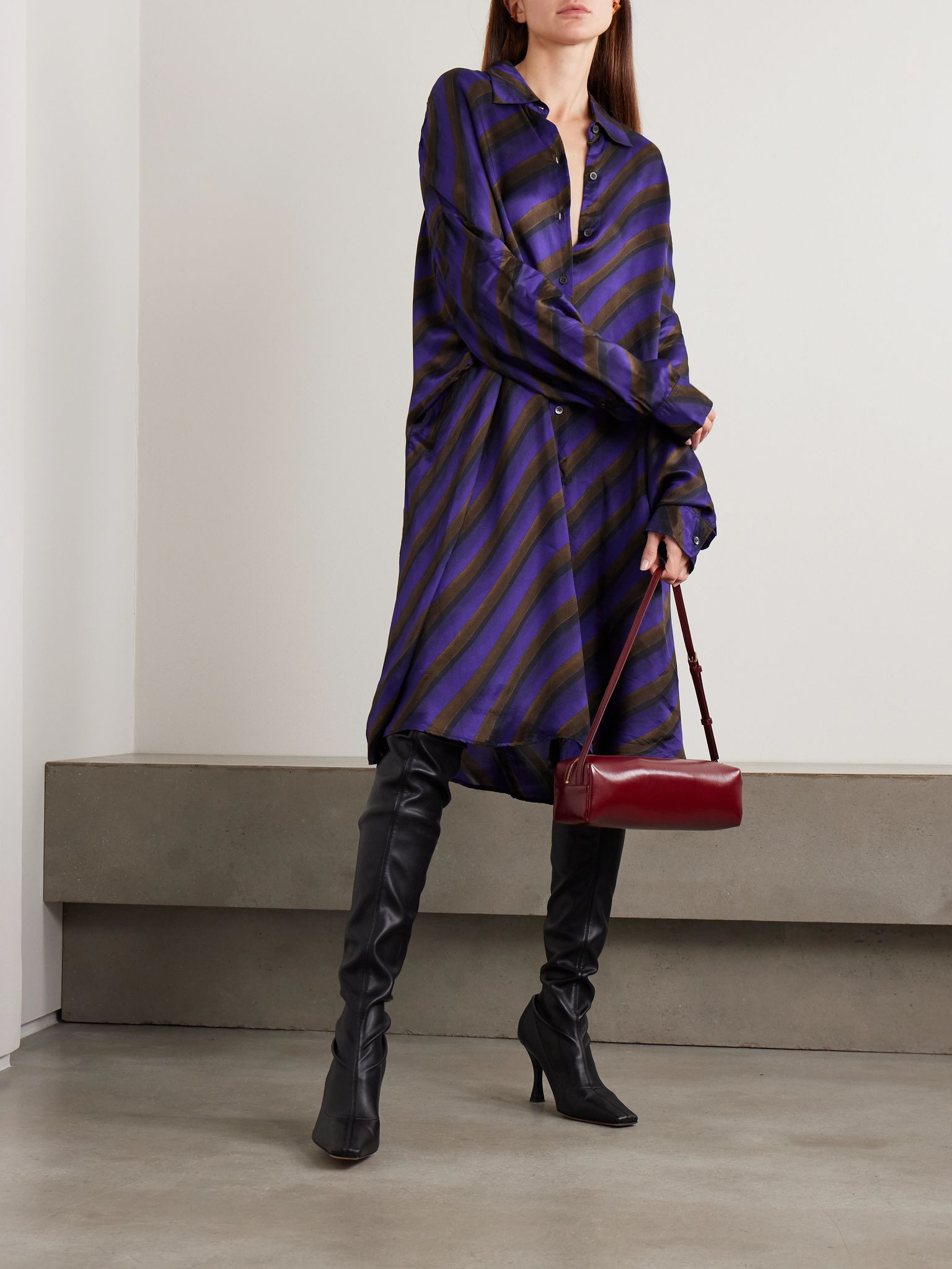 Oversized striped satin-twill mini shirt dress Purple - 2