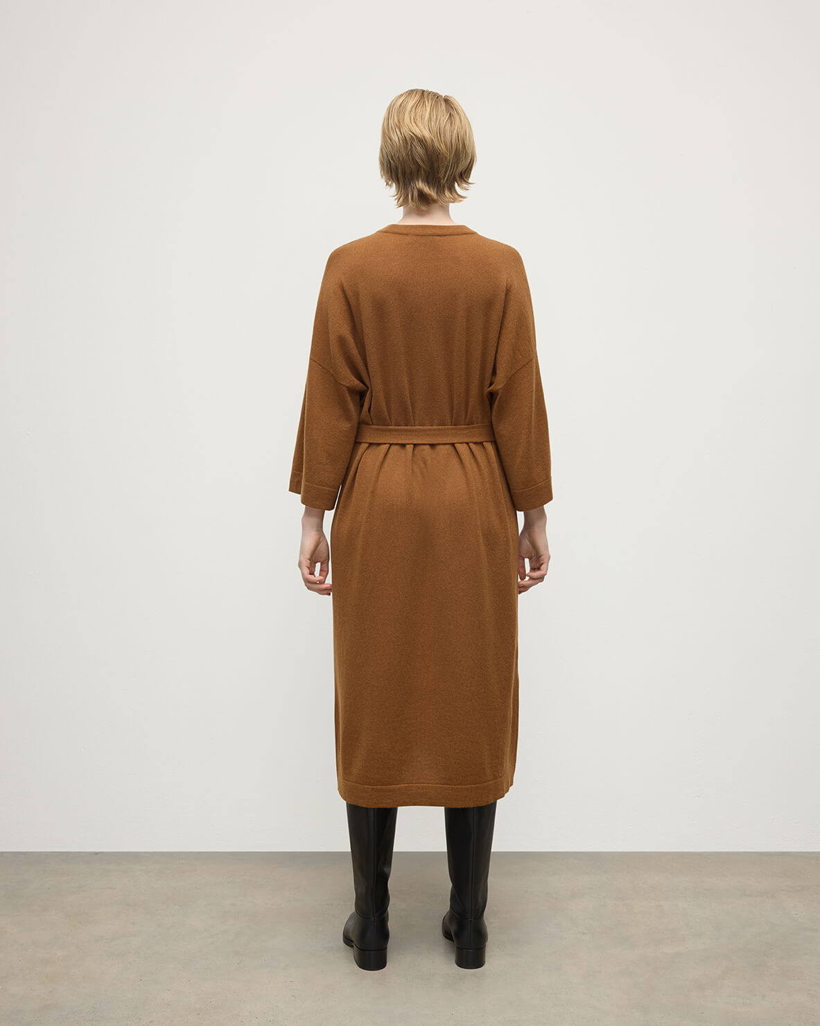 Tie-Waist Cashmere Camel Jumper Dress - 4
