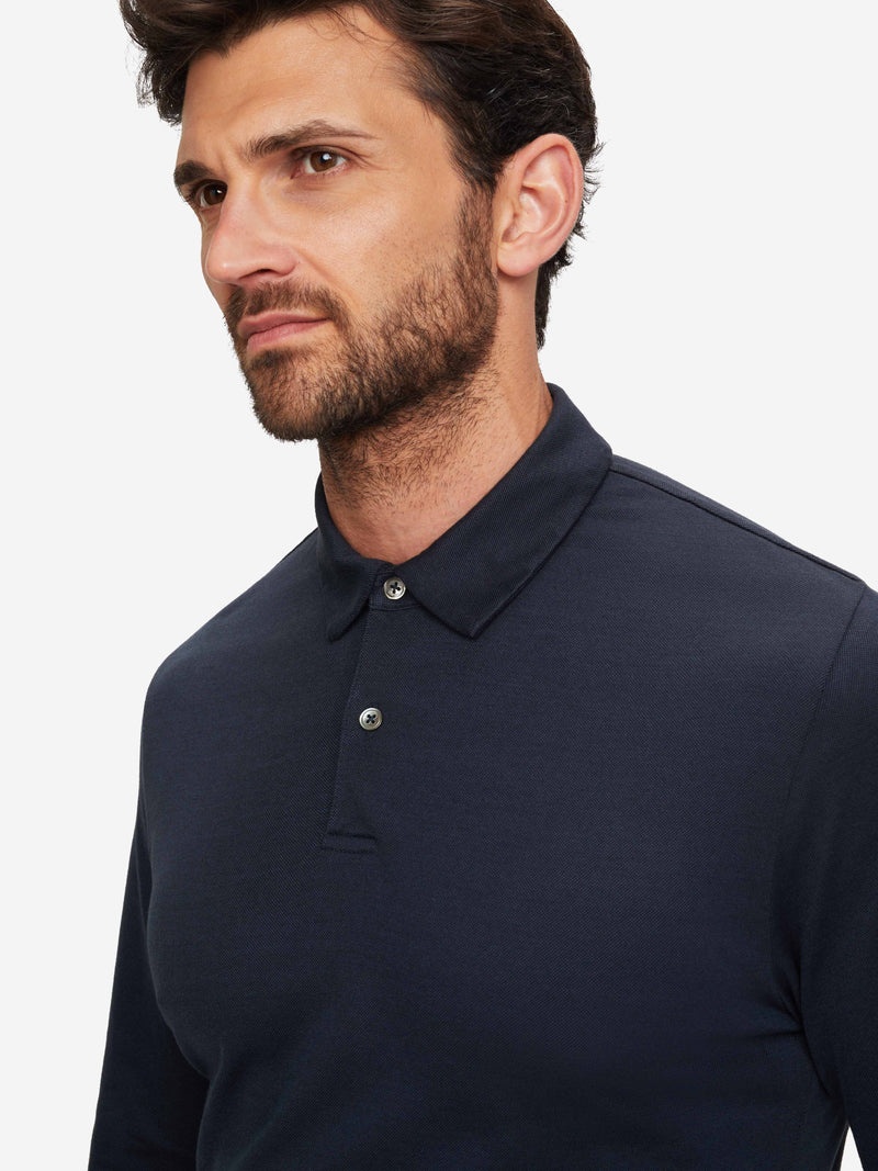 Men's Long Sleeve Polo Shirt Ramsay Pique Cotton Tencel Navy - 4