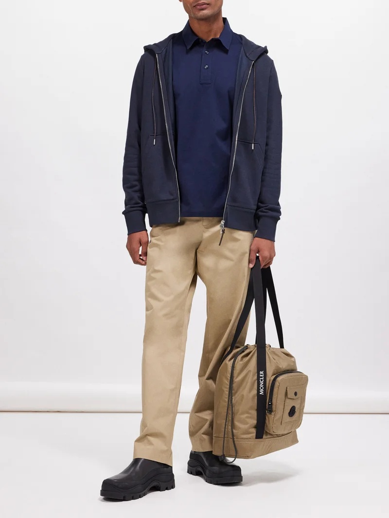 Moncler Leather-trim zipped cotton-blend jersey hoodie