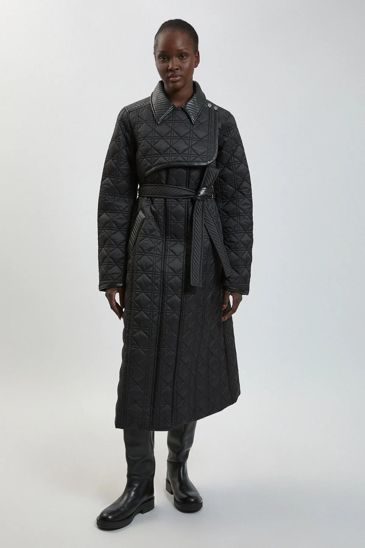 Quilted & PU Mix Belted Padded Midi Coat - 1