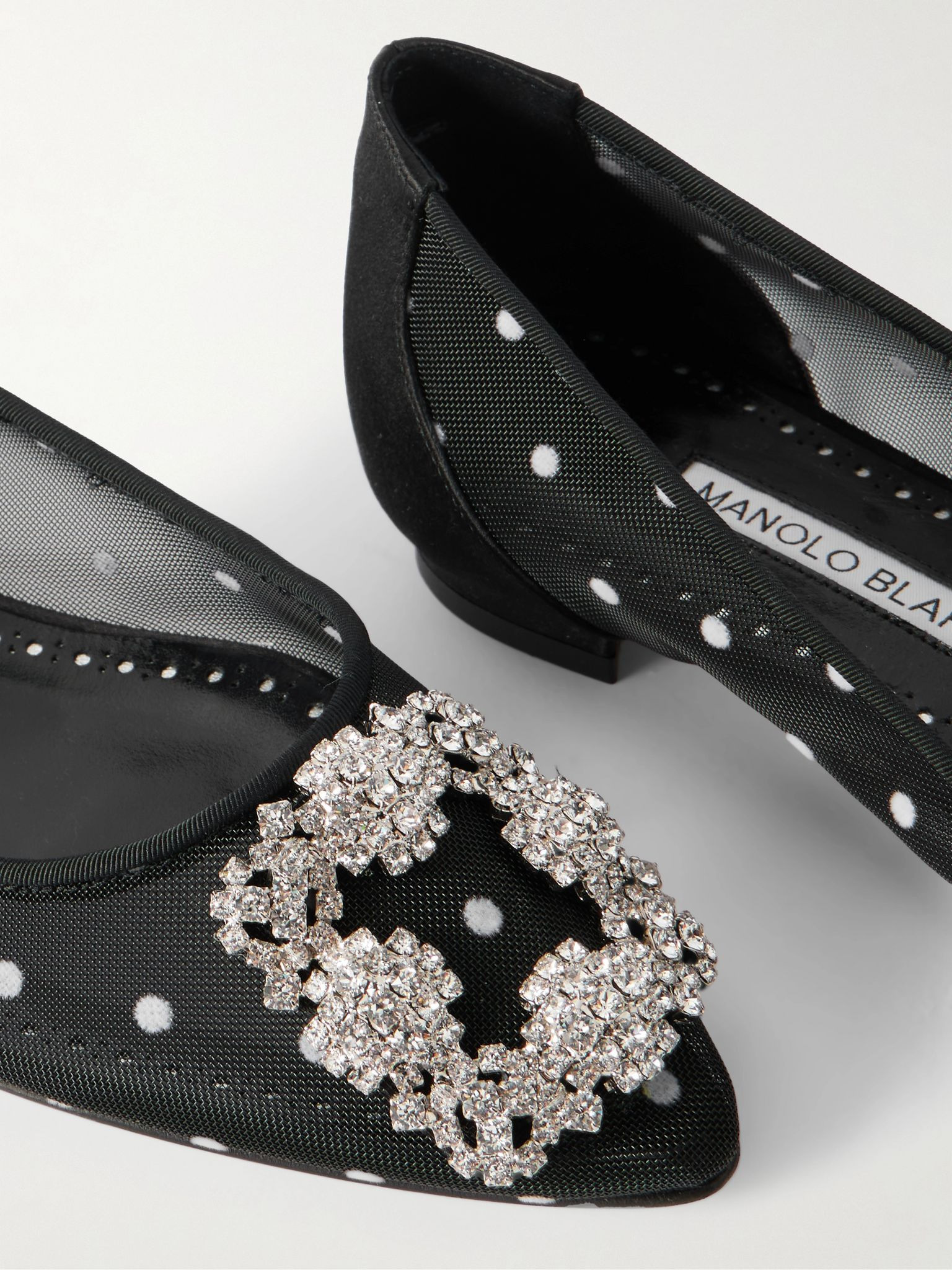 Hangisiflat satin-trimmed crystal-embellished flocked mesh point-toe ballet flats Black - 4