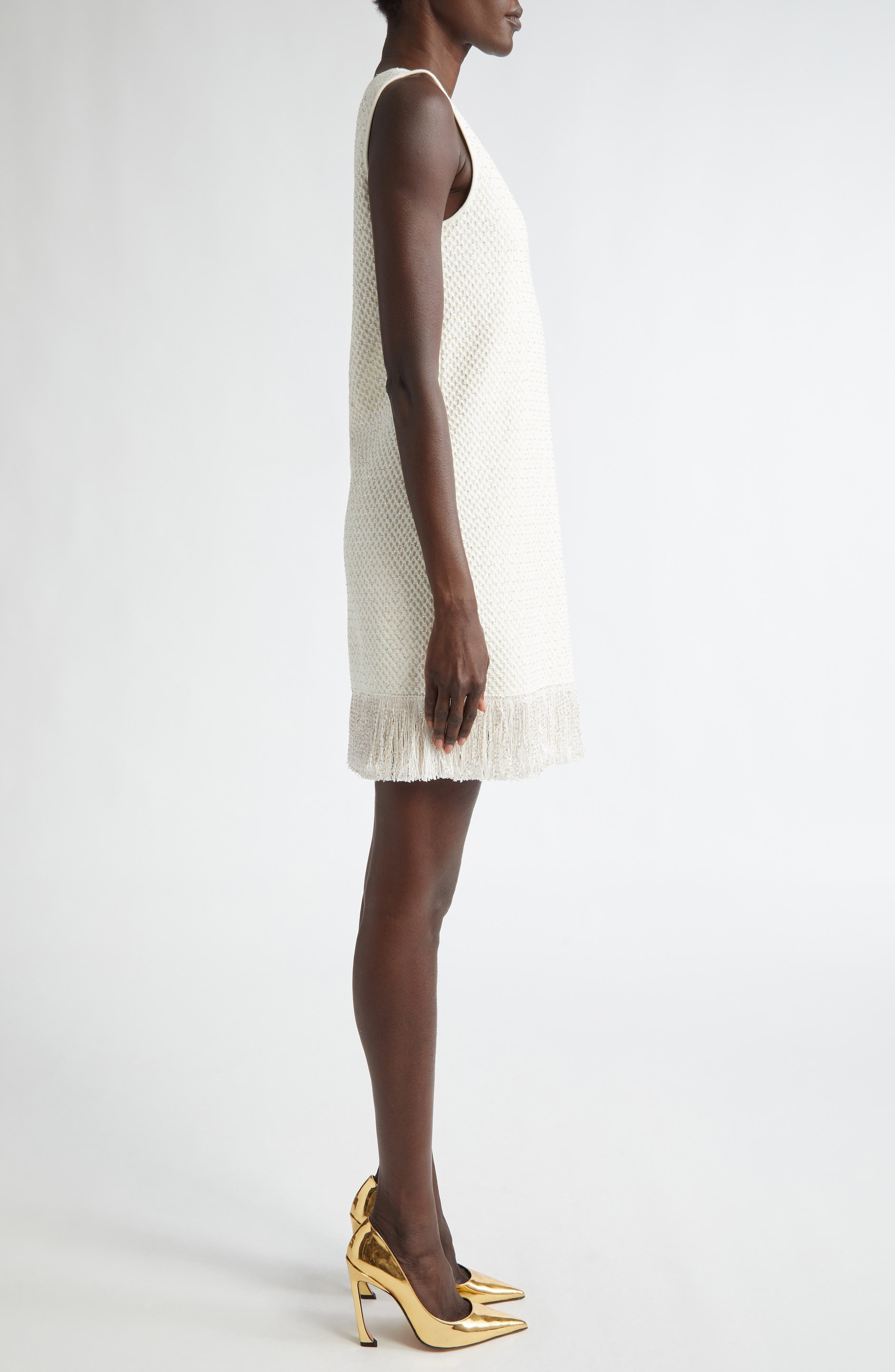 Oscar de la Renta Fringe Sequin Tweed Minidress in Ivory/Gold at Nordstrom - 4