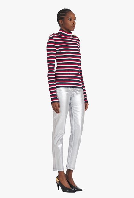 Navy blue and red nautical turtleneck sweater with gold-tone buttons - 7