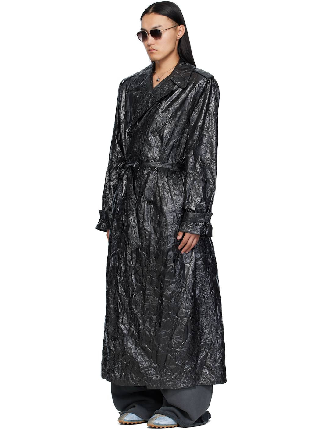 Black Crumple Trench Coat - 4