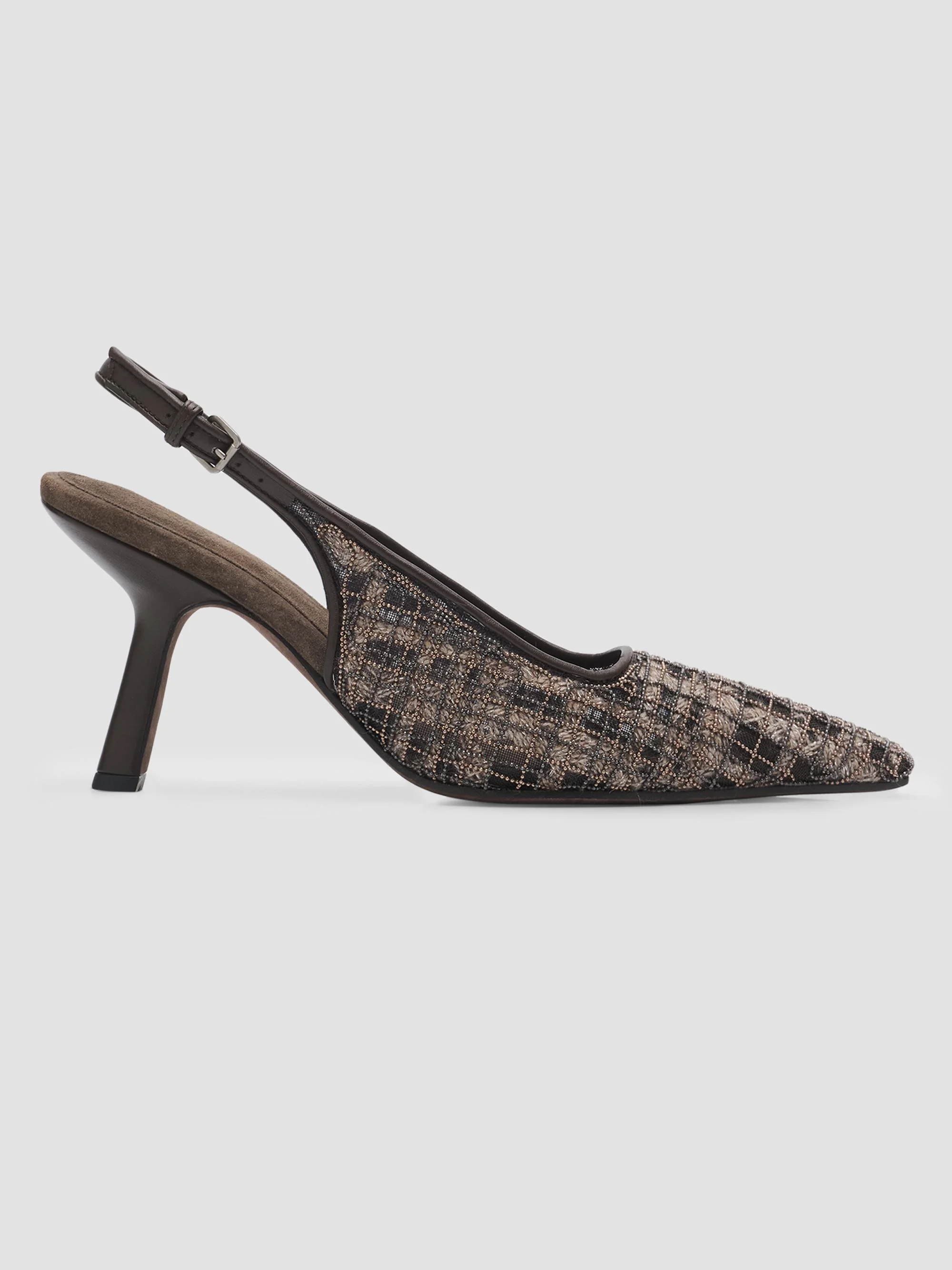 Women's Monili-Embroidered Check Slingback Pumps - Dark Brown Multi - 1