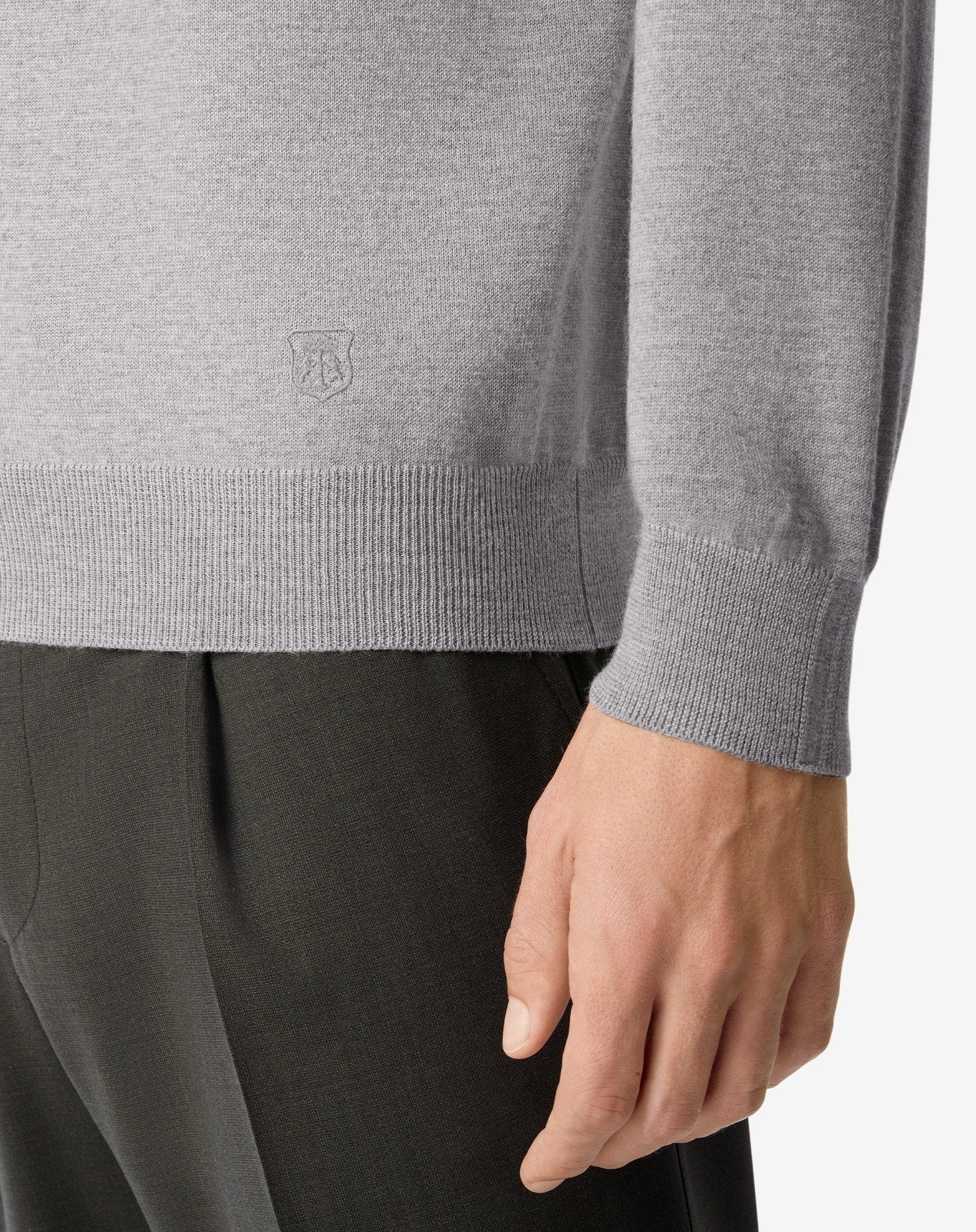 Light melange grey extra fine merino wool button-up polo - 4