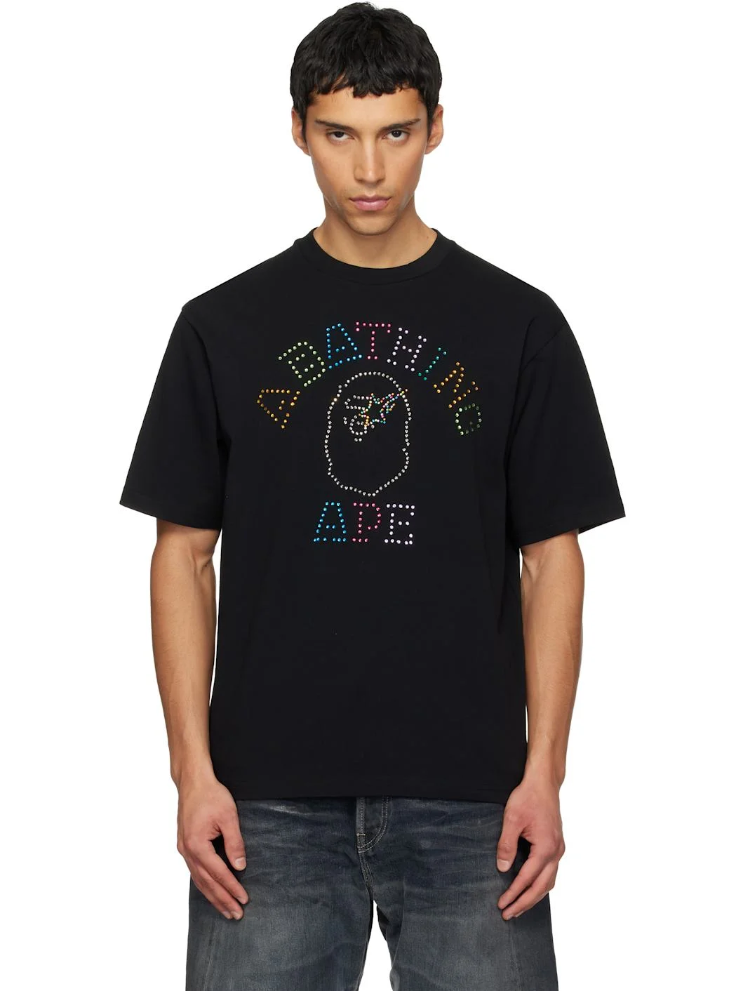 Black Rhinestone College Relaxed Fit T-shirt - 1