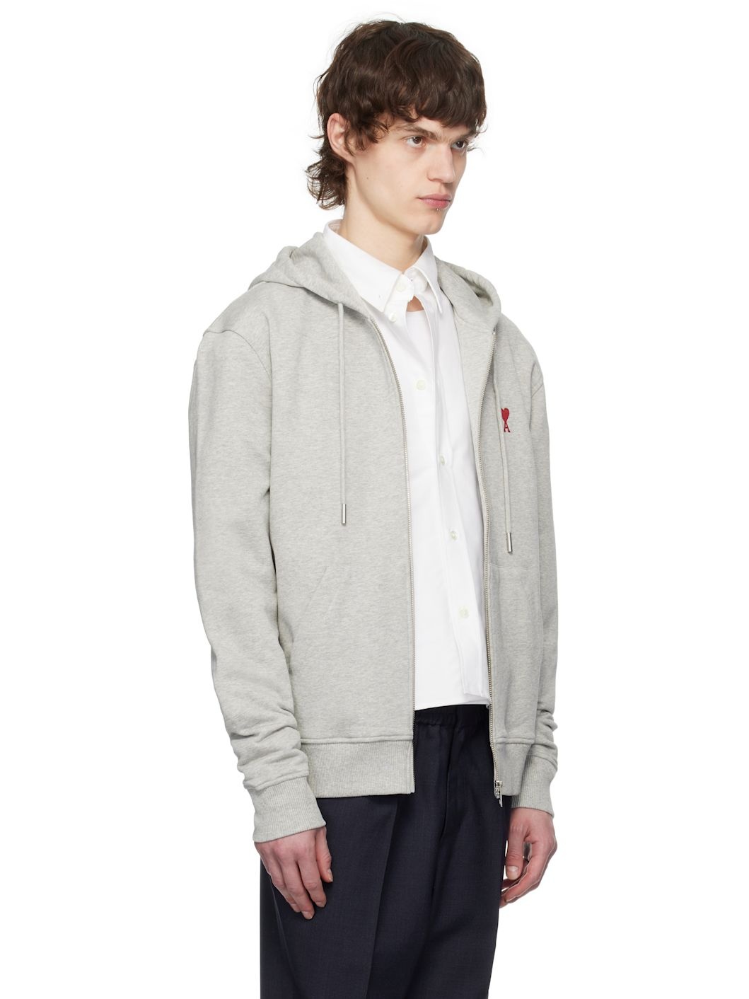 Gray Cotton Ami de Coeur Zipped Hoodie - 2
