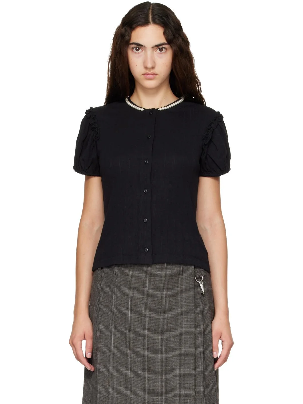 Black Embellished Pointelle Puff Sleeve Cardigan - 1