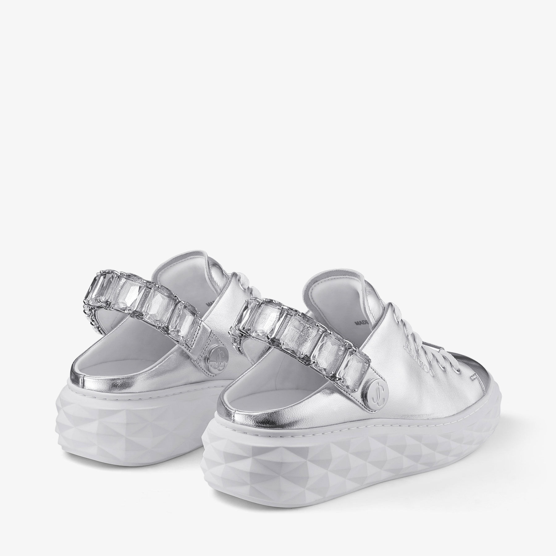Diamond Sling
Silver Metallic Leather Slipper Trainers with Crystal Strap - 7