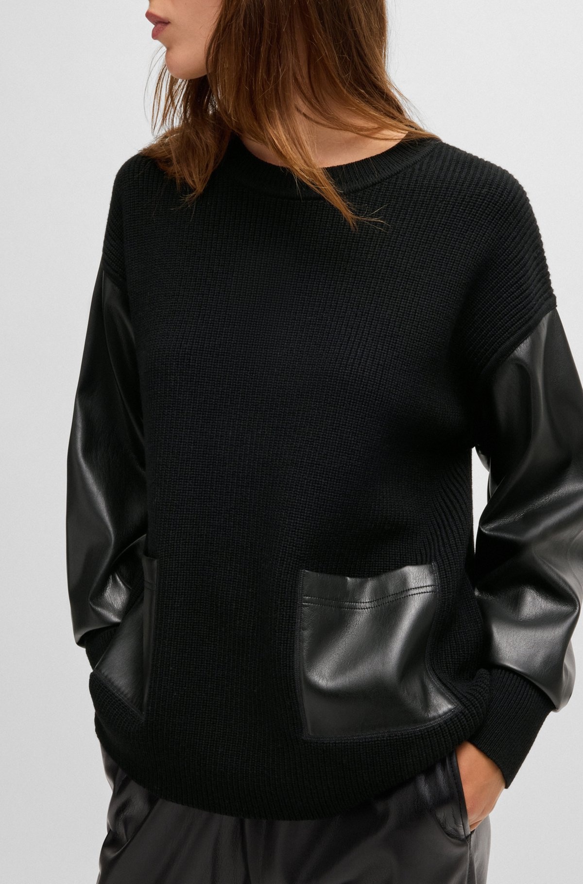 WOOL SWEATER WITH FAUX-LEATHER SLEEVES - 5